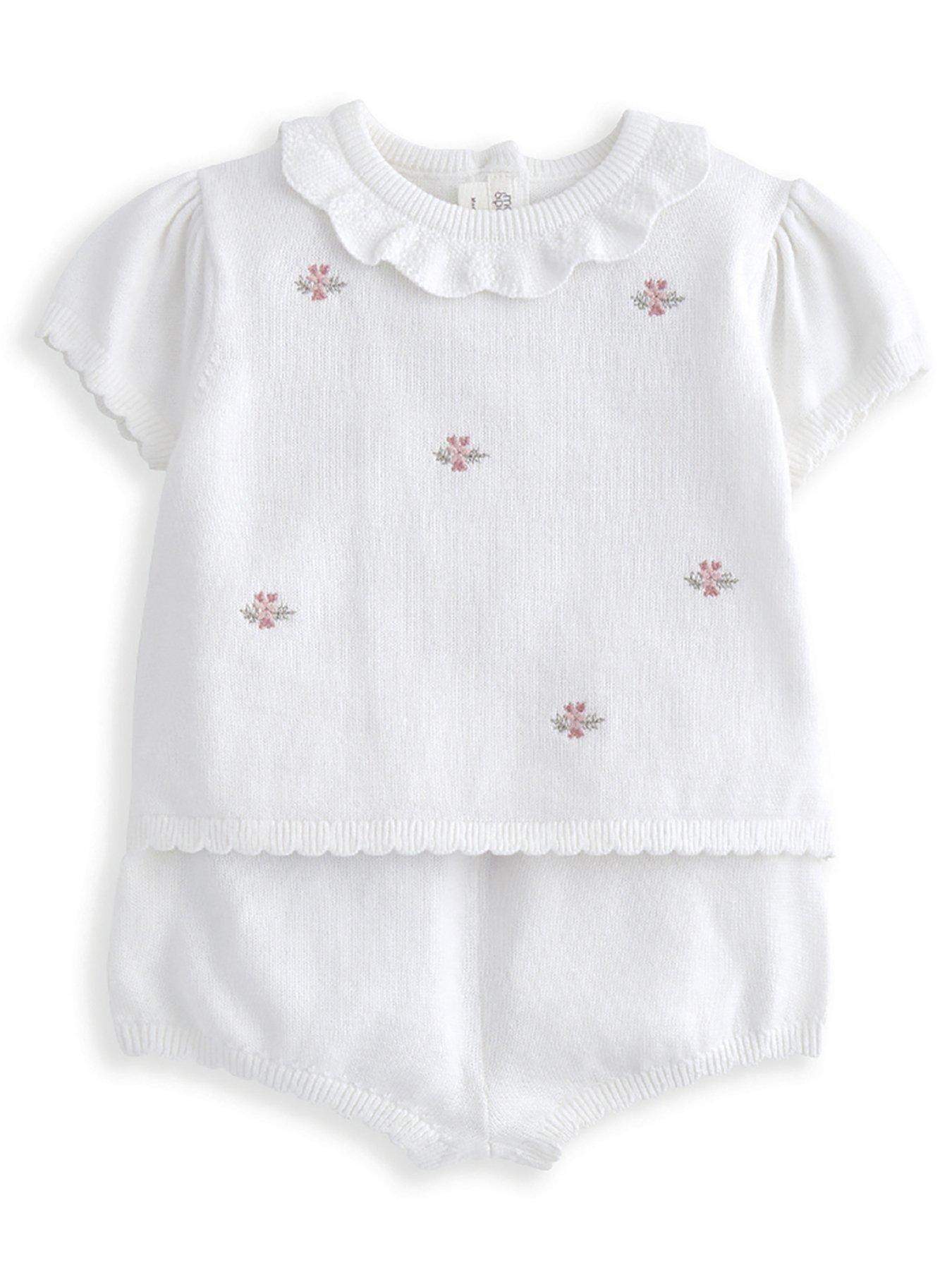 undefined Baby Girls 2 Piece Flower Embroidered Polo & Short Knit Set - White