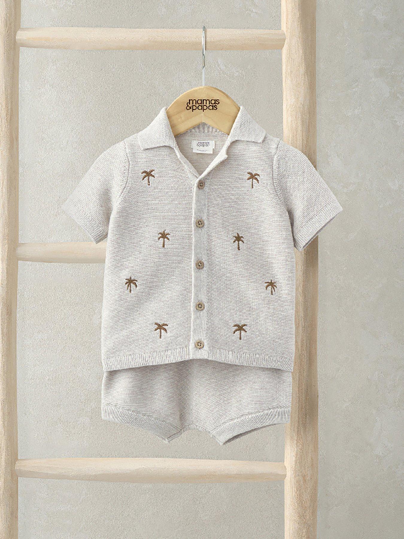 undefined Baby Boys 2 Piece Palm Tree Embroidered Shirt & Short Knitted Set - Beige