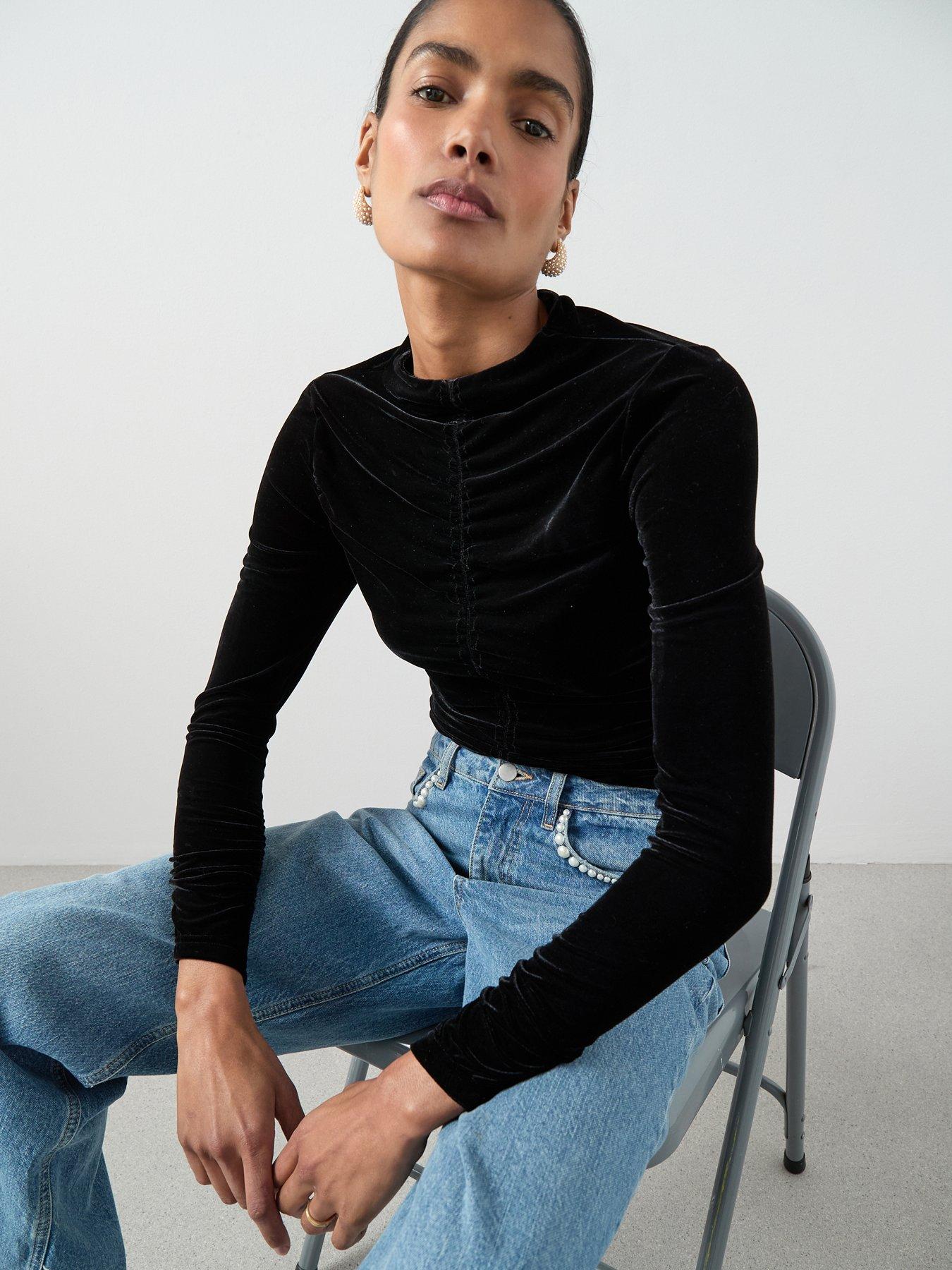 The Very Collection Ruched Front Velvet Top - Black