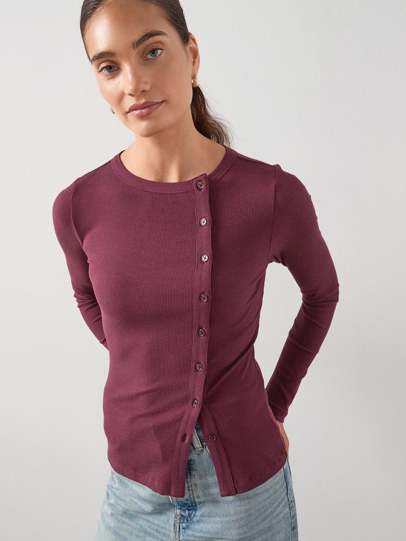 undefined Long Sleeve Side Button Rib Top - Burgundy