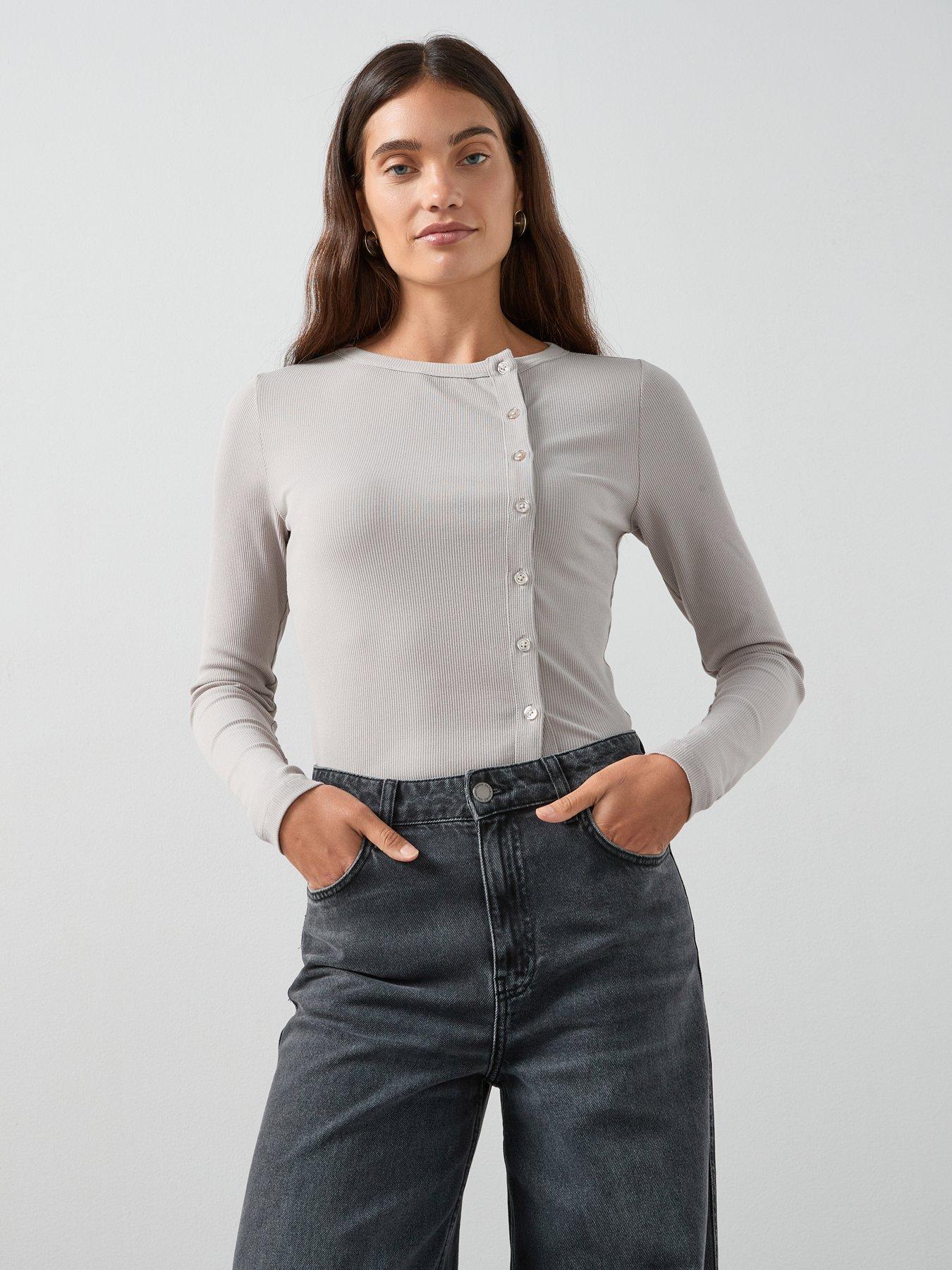 The Very Collection Long Sleeve Side Button Rib Top - Beige | Very