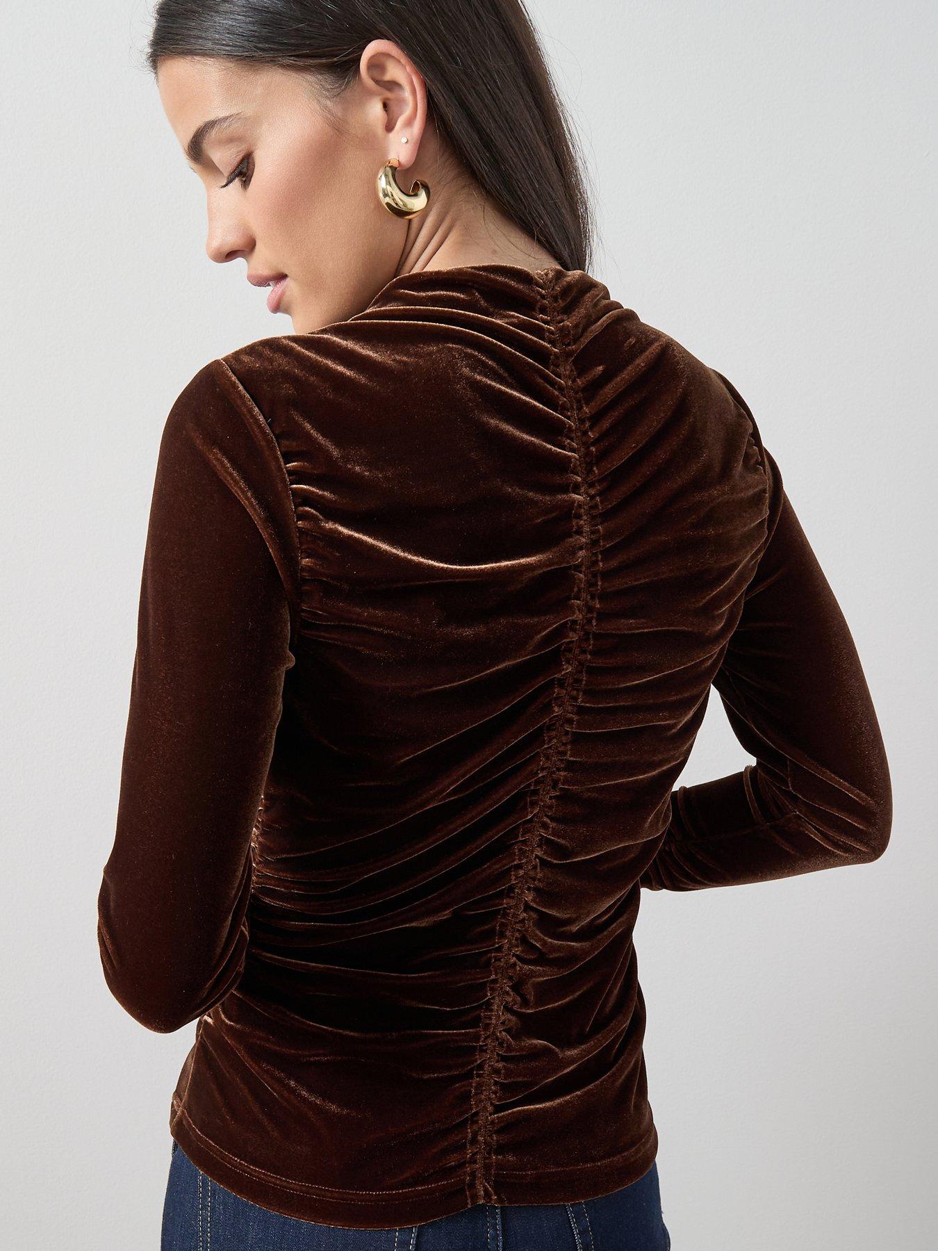Image 2 of 7 of The Very Collection Ruched Front Velvet Top - Brown