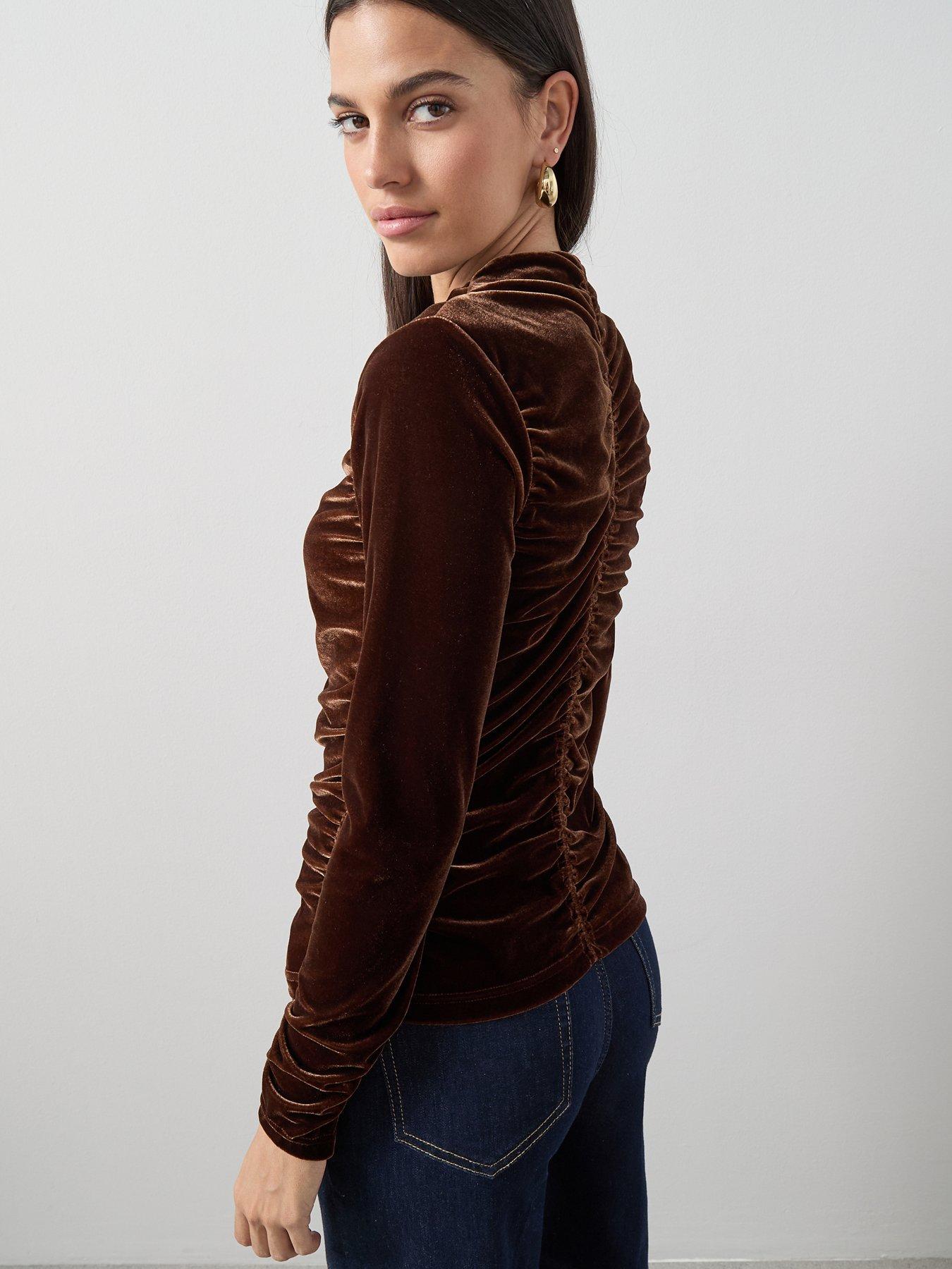 Image 6 of 7 of The Very Collection Ruched Front Velvet Top - Brown