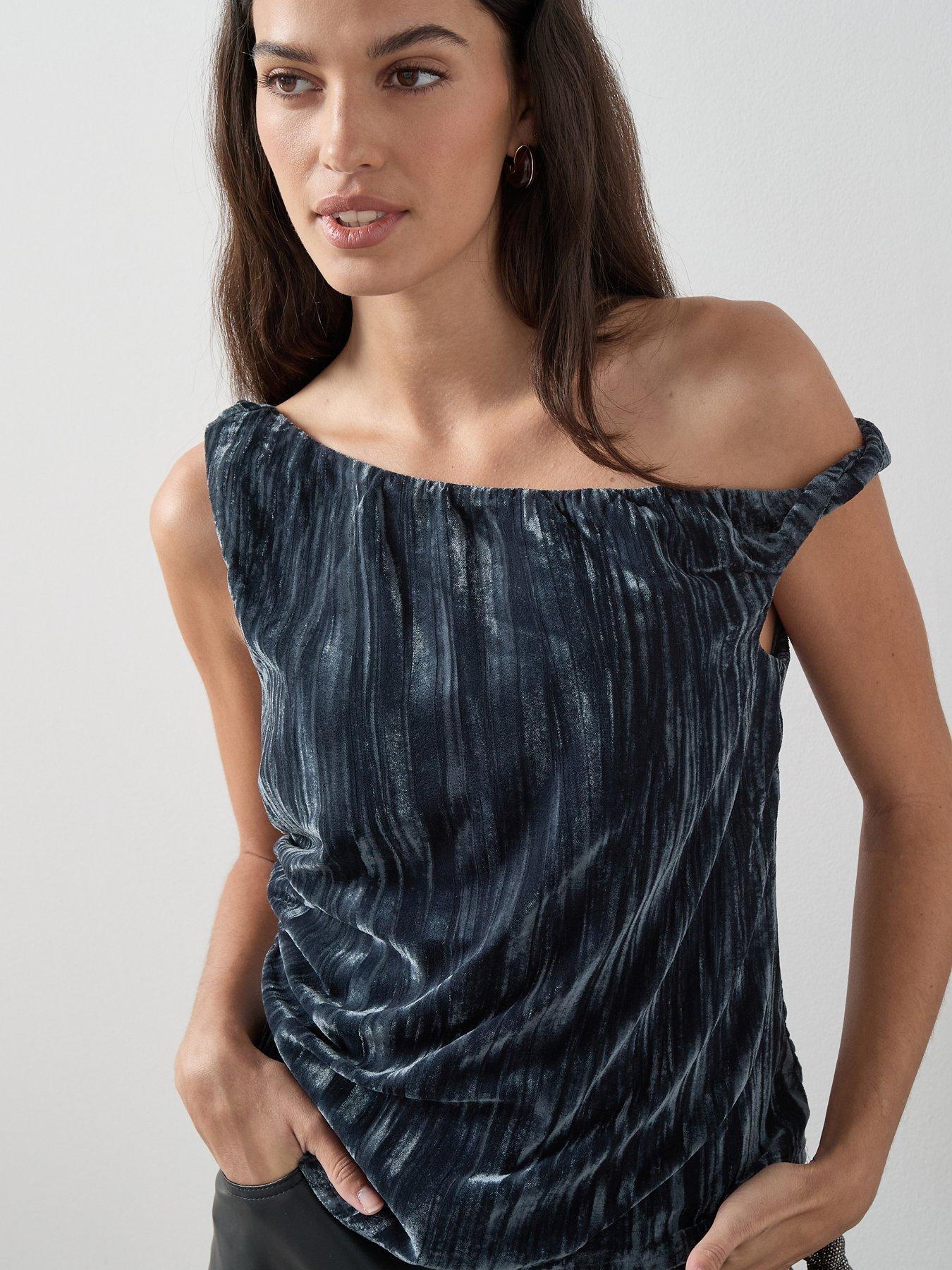 The Very Collection One Shoulder Pleated Velvet Top Co-Ord - Grey