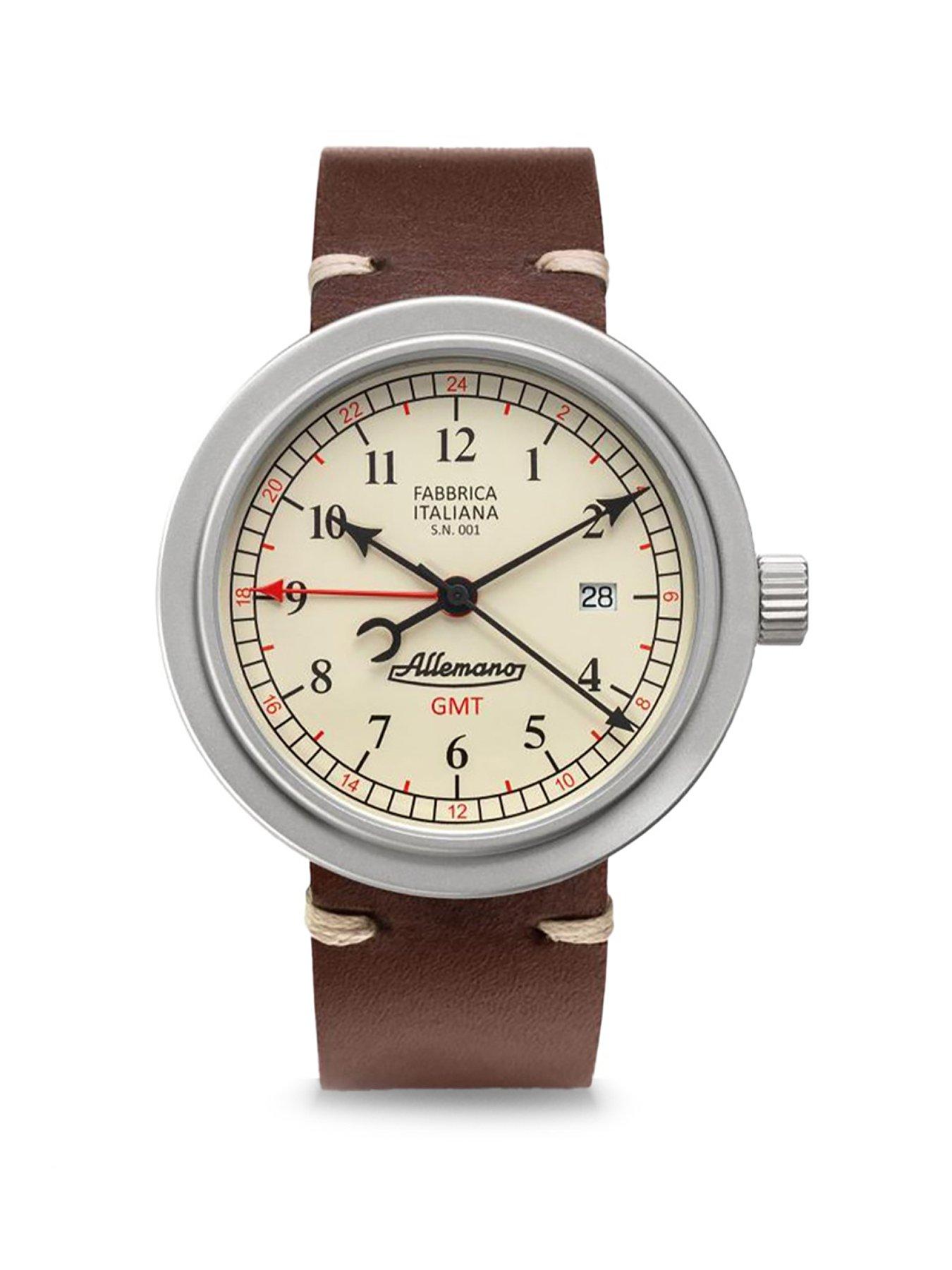 Allemano GMT White Dial Sandblasted Steel Case Brown Strap Watch