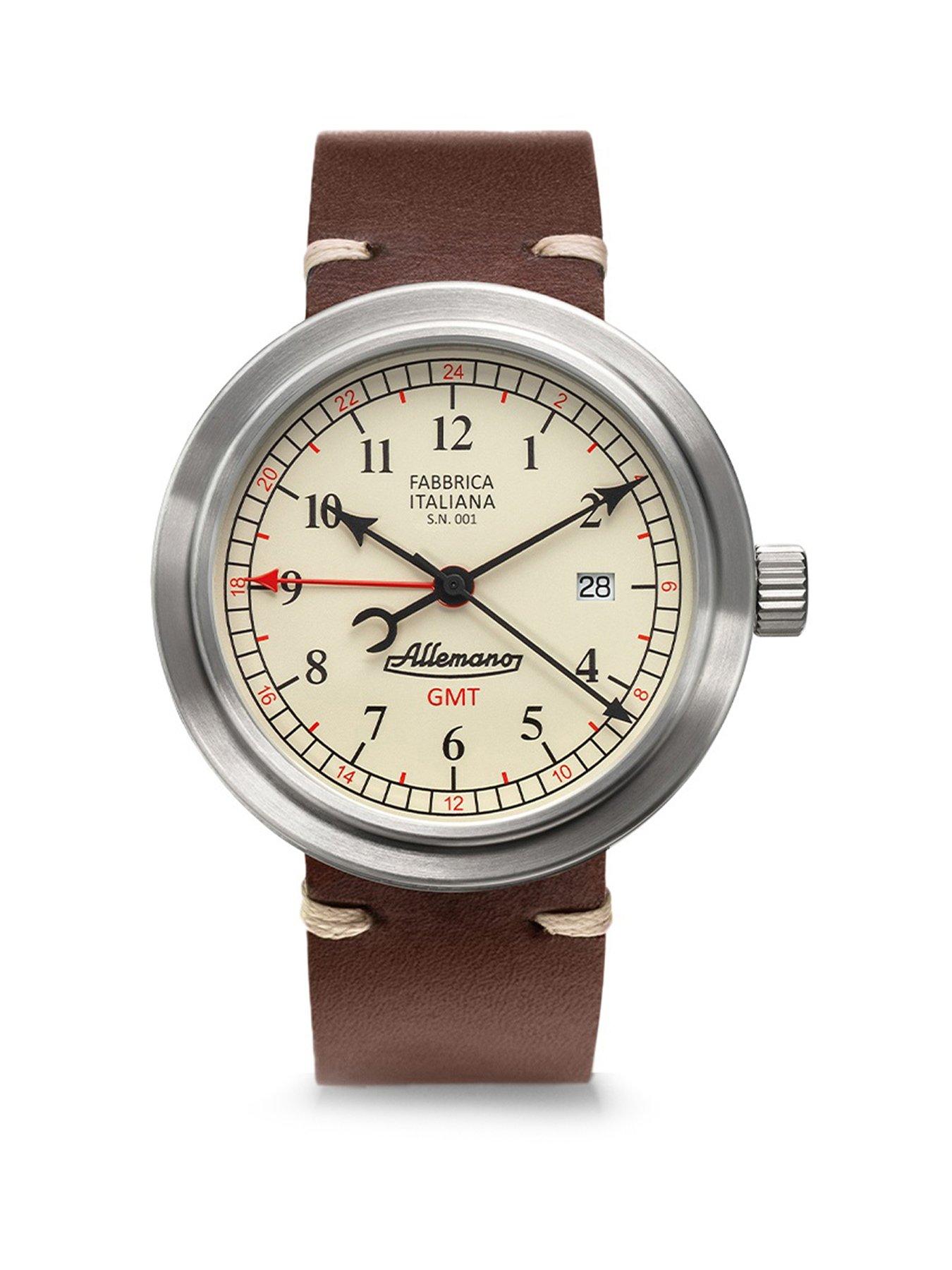 undefined GMT White Dial Brushed Steel Case Brown Strap