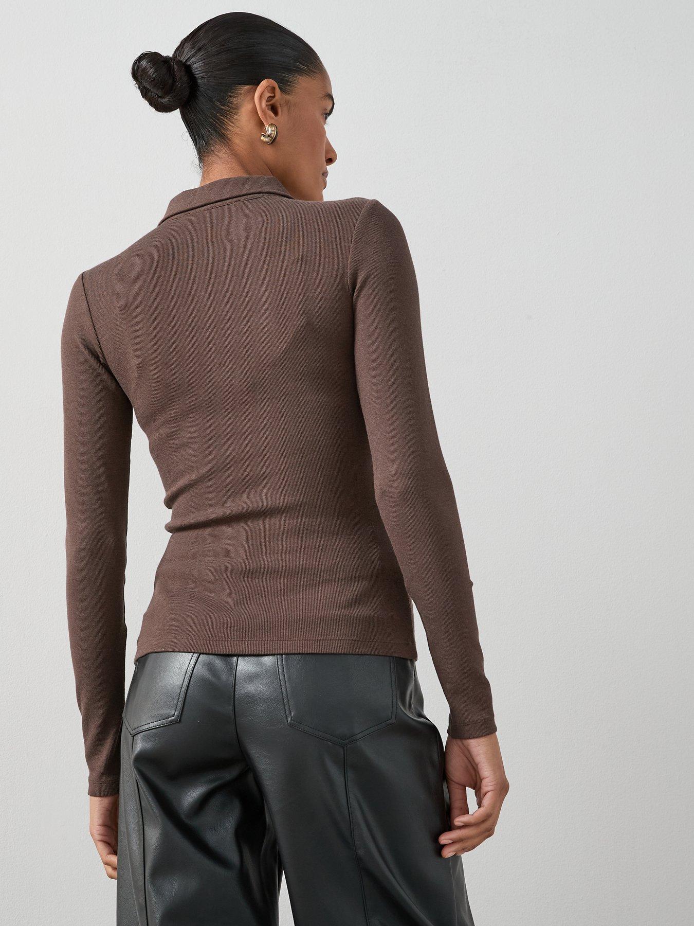 Image 2 of 6 of The Very Collection Long Sleeve Collar Cut Out Top - Brown