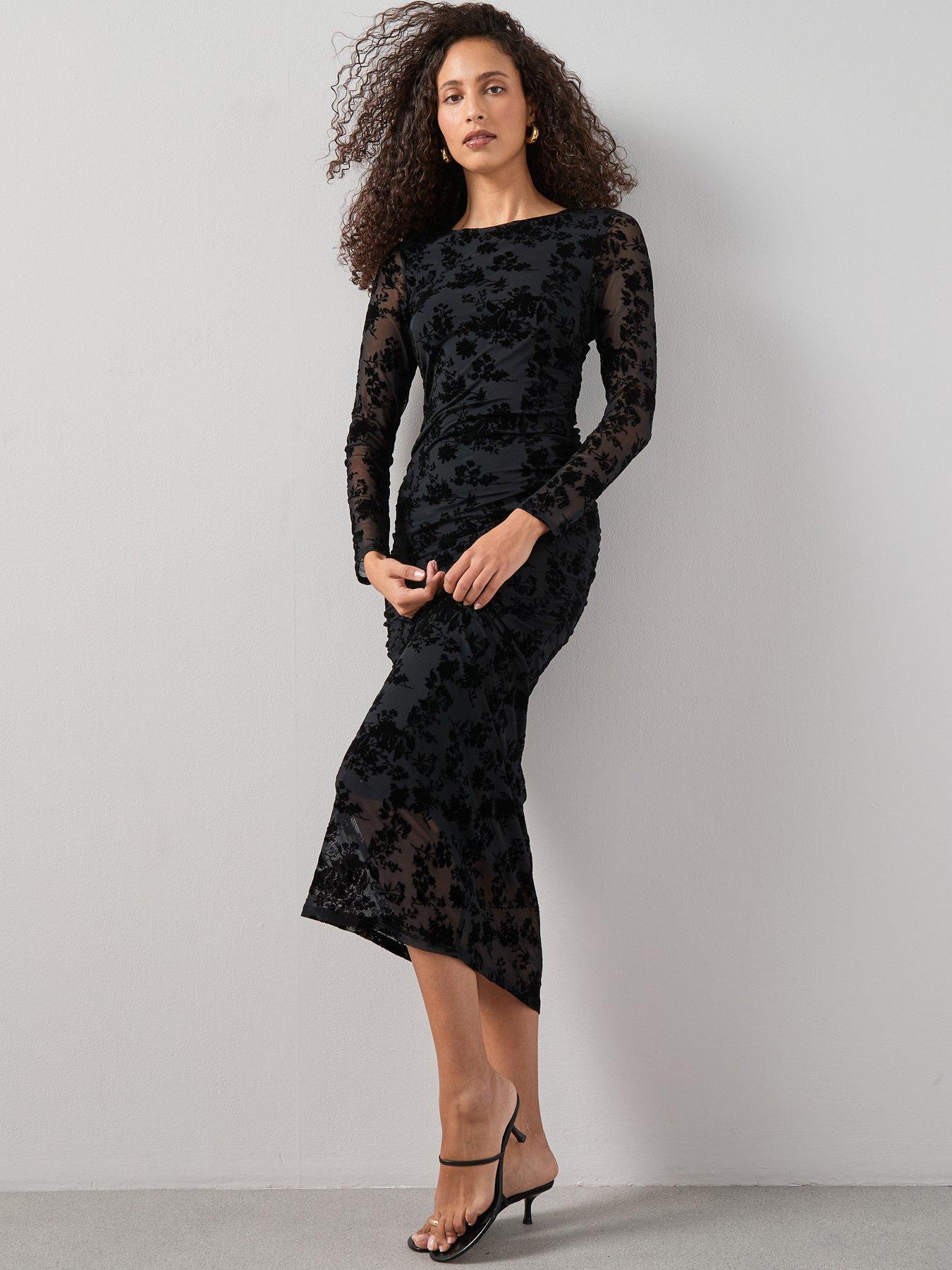 The Very Collection Floral Flock Mesh Midaxi Dress - Black