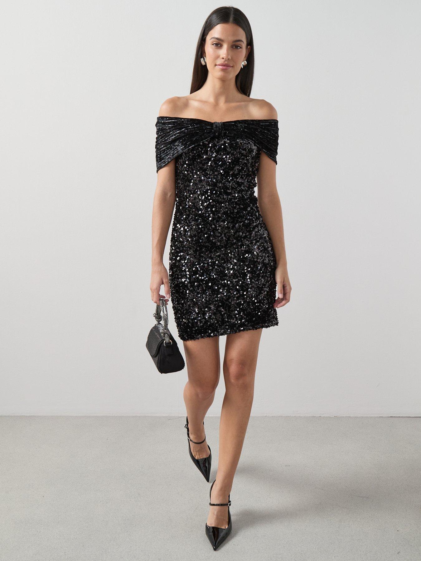The Very Collection Velvet Off Shoulder Sequin Dress - Black