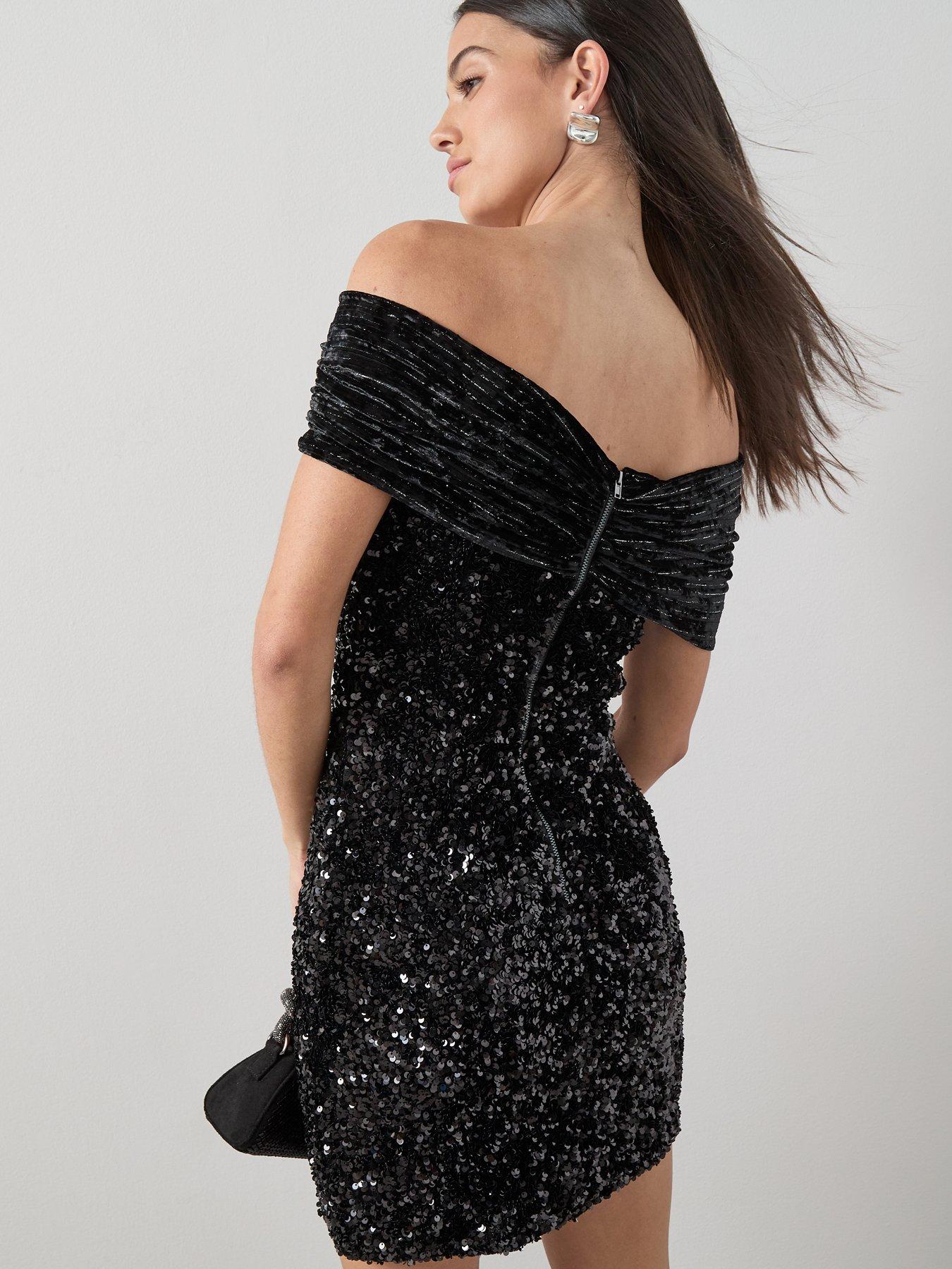 The Very Collection Velvet Off Shoulder Sequin Dress - Black
