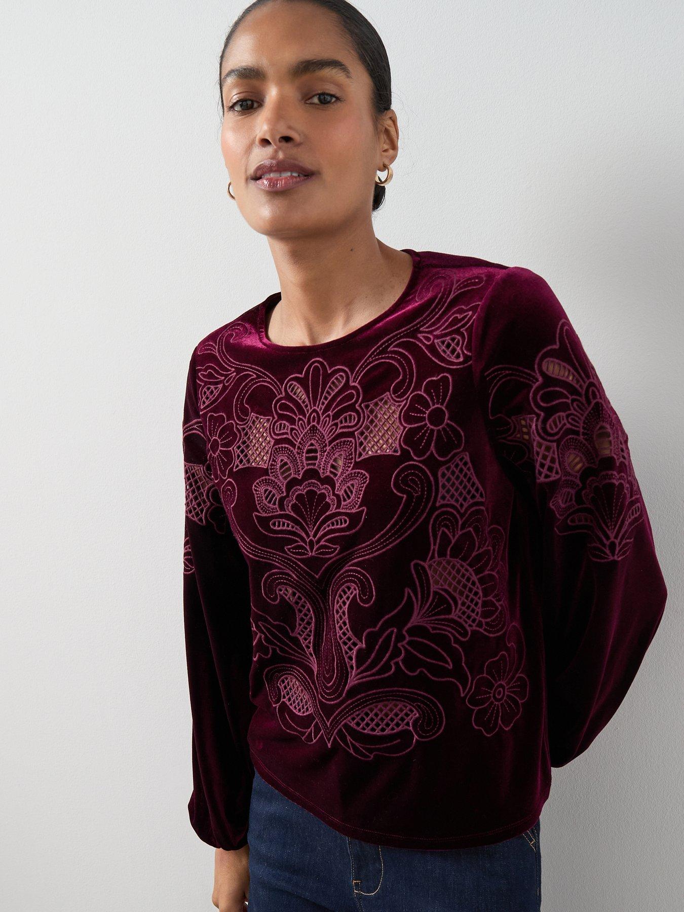 Image 1 of 6 of The Very Collection Velvet Cutwork Top - Burgundy
