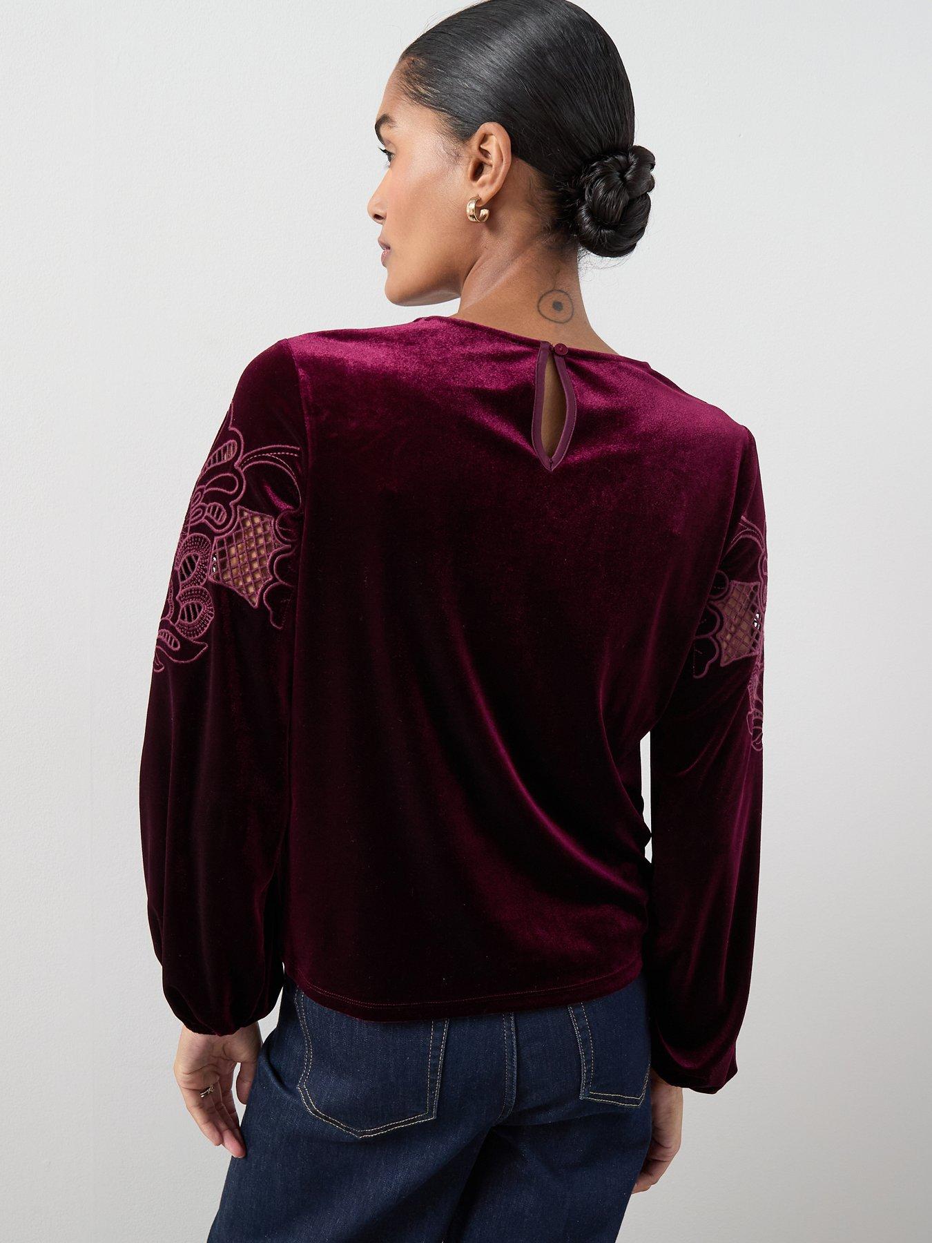 Image 2 of 6 of The Very Collection Velvet Cutwork Top - Burgundy