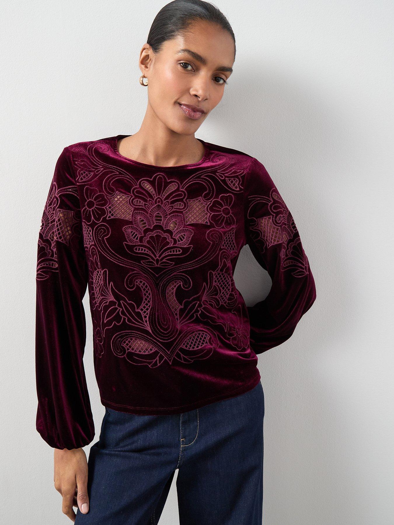 Image 5 of 6 of The Very Collection Velvet Cutwork Top - Burgundy