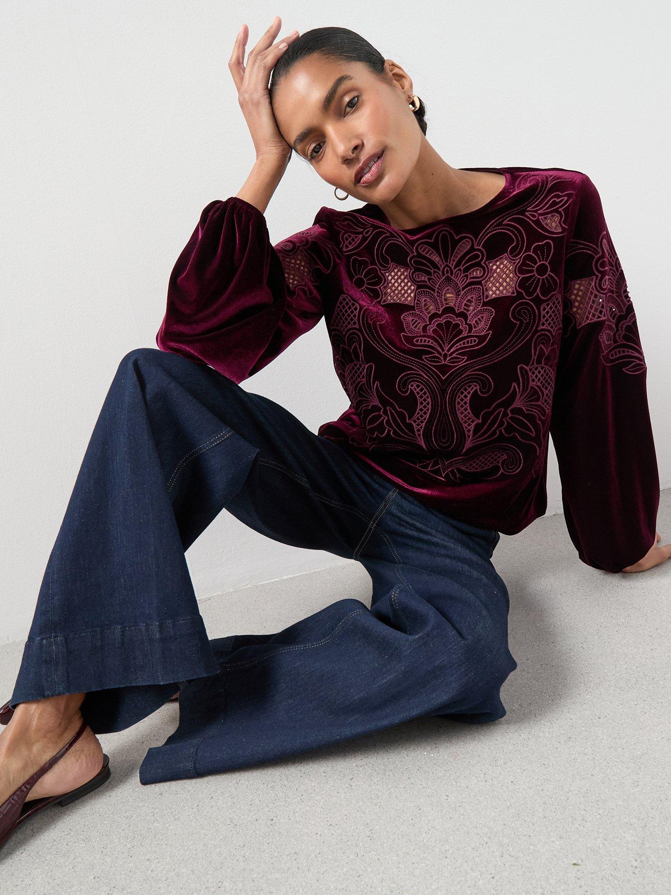 Image 6 of 6 of The Very Collection Velvet Cutwork Top - Burgundy