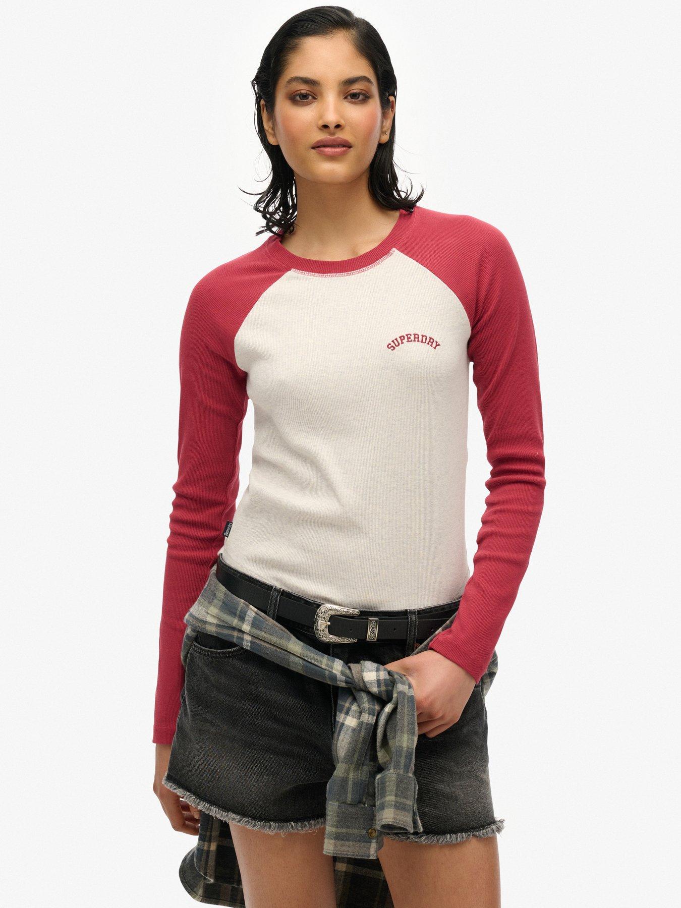 undefined Essential Logo Ribbed Baseball Long Sleeve Top - Red