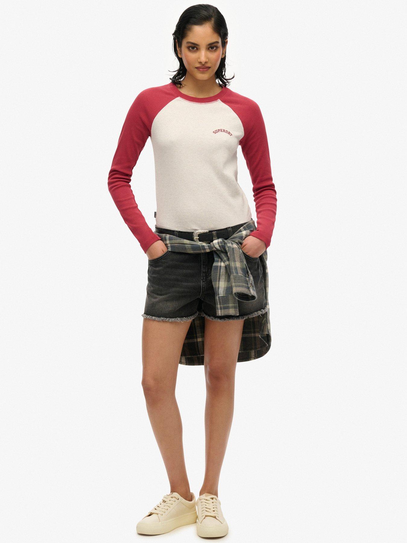 Image 3 of 4 of Superdry Essential Logo Ribbed Baseball Long Sleeve Top - Red