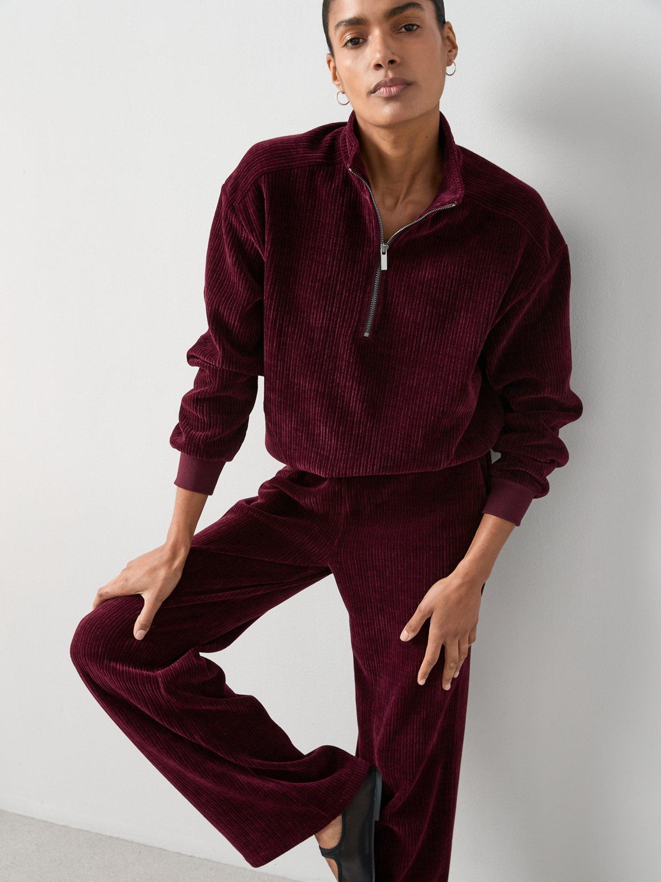 The Very Collection Velour Ribbed Half Zip Top Co-Ord - Burgundy