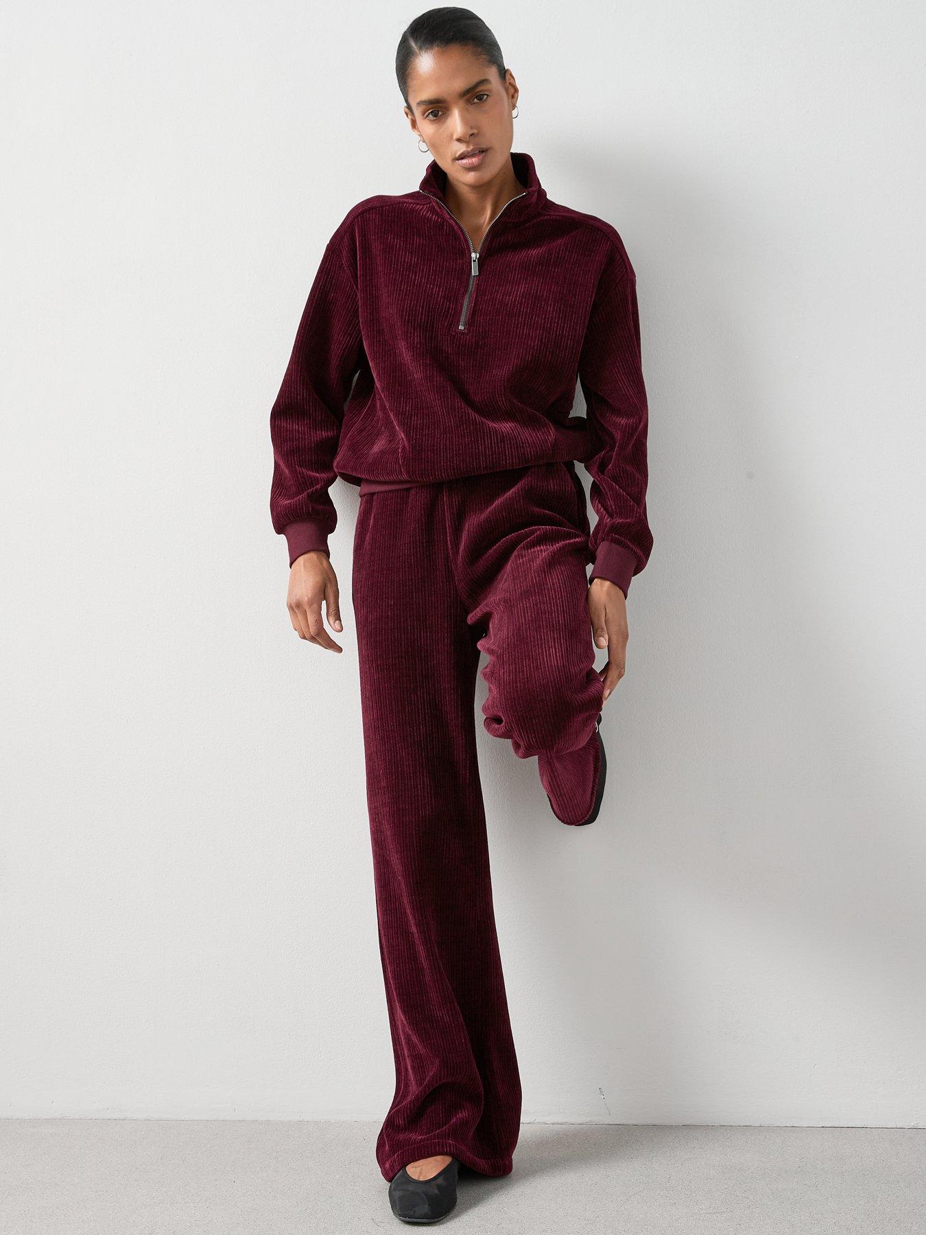 The Very Collection Velour Ribbed Half Zip Top Co-Ord - Burgundy | Very