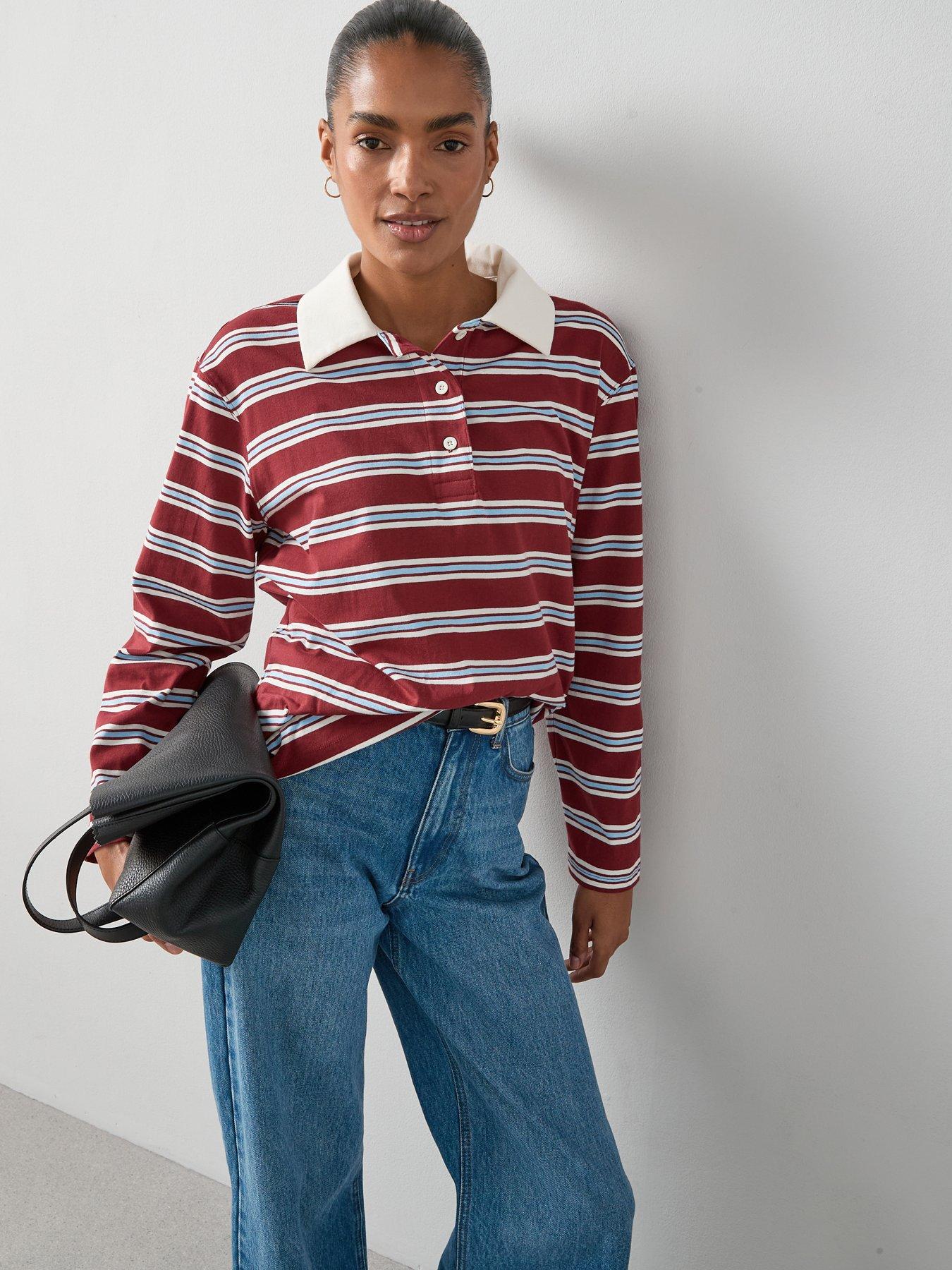 The Very Collection Collar Stripe Rugby Top - Burgundy