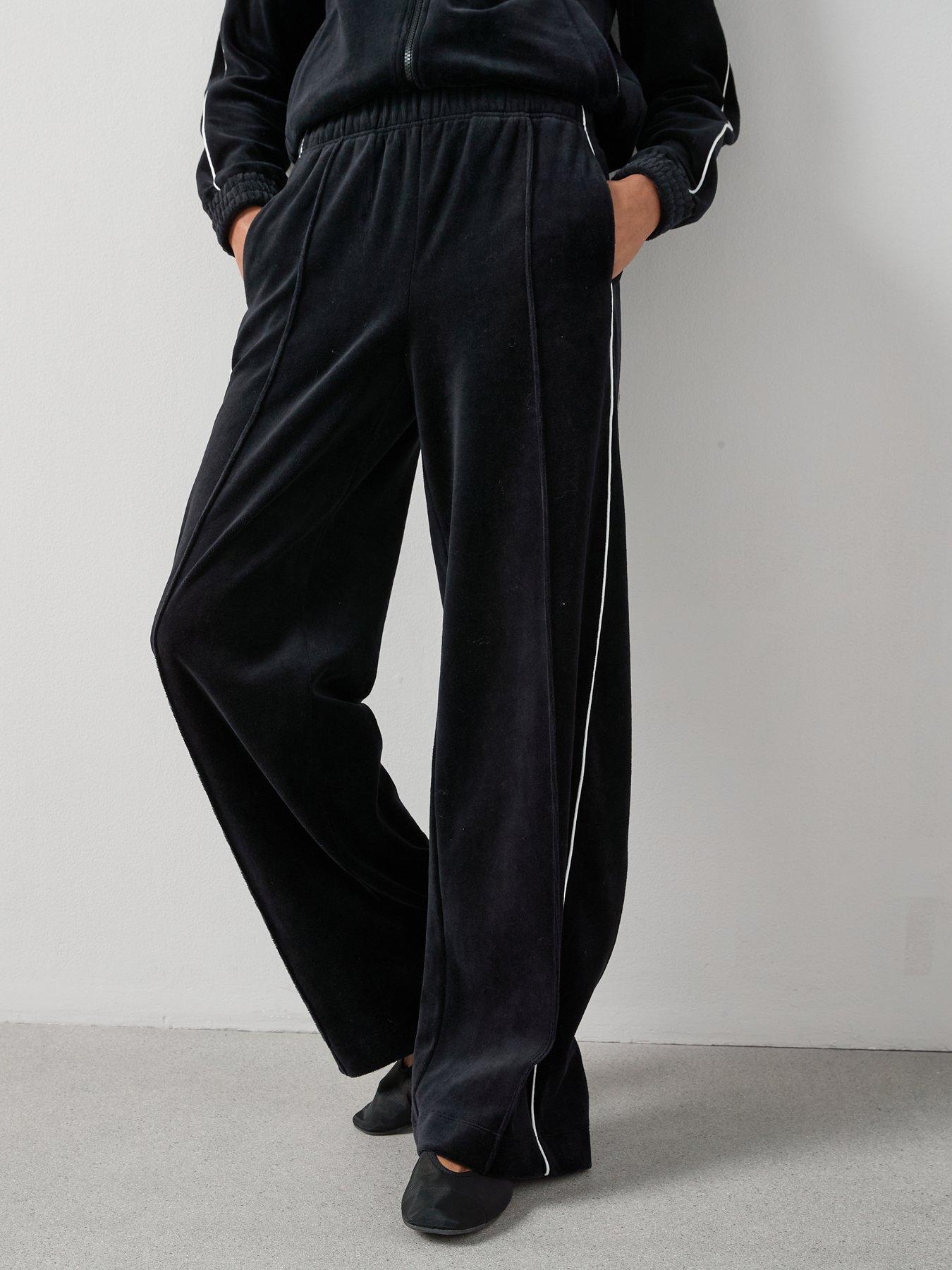 Image 1 of 7 of The Very Collection Velour Wide Leg Joggers With Piping Co-Ord - Black