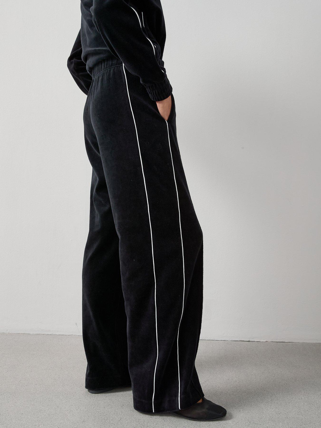 Image 2 of 7 of The Very Collection Velour Wide Leg Joggers With Piping Co-Ord - Black