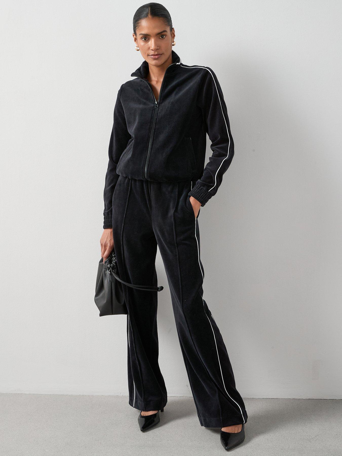 Image 3 of 7 of The Very Collection Velour Wide Leg Joggers With Piping Co-Ord - Black
