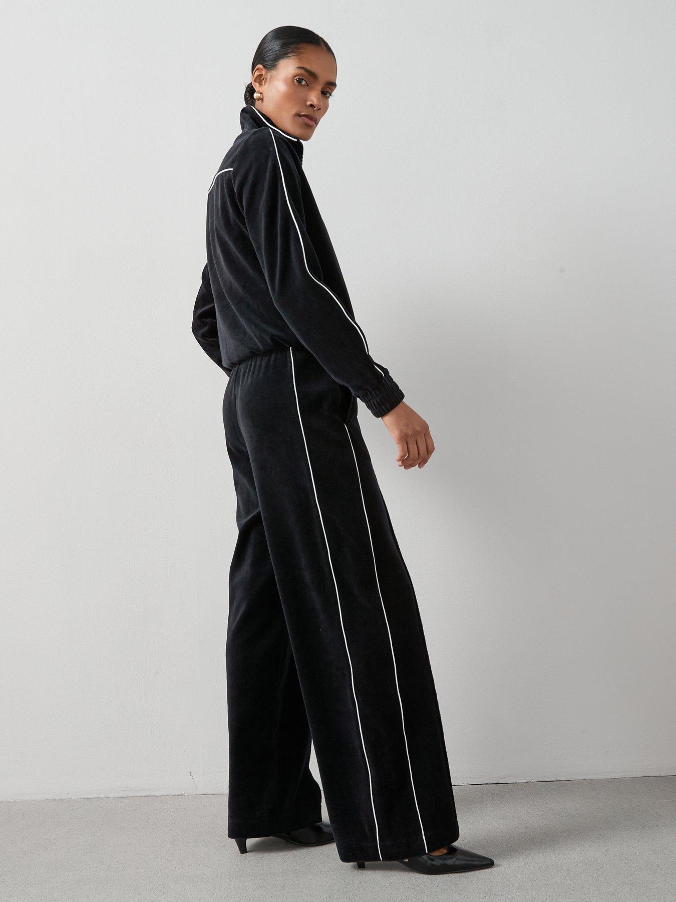 Image 5 of 7 of The Very Collection Velour Wide Leg Joggers With Piping Co-Ord - Black