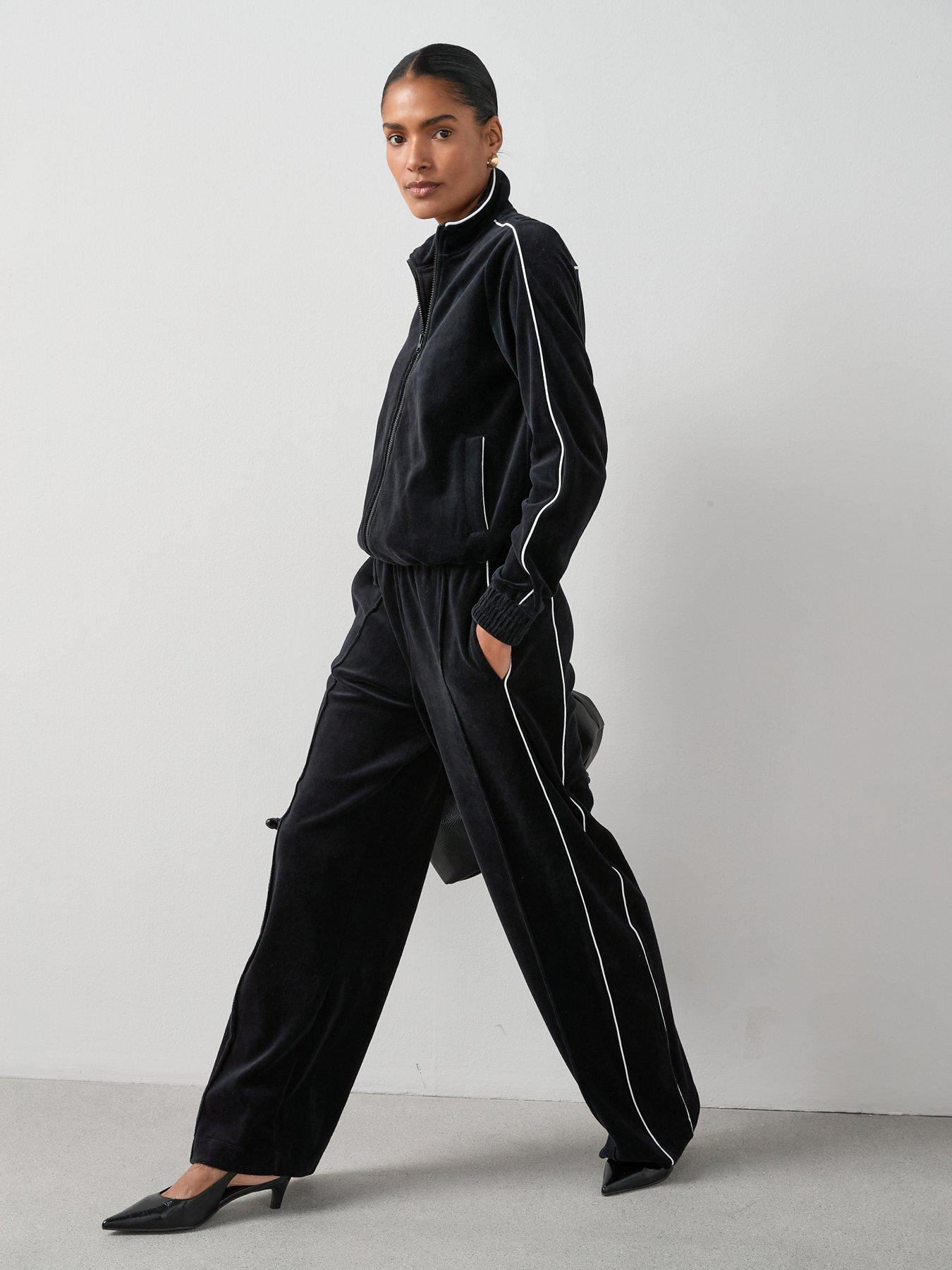 Image 6 of 7 of The Very Collection Velour Wide Leg Joggers With Piping Co-Ord - Black