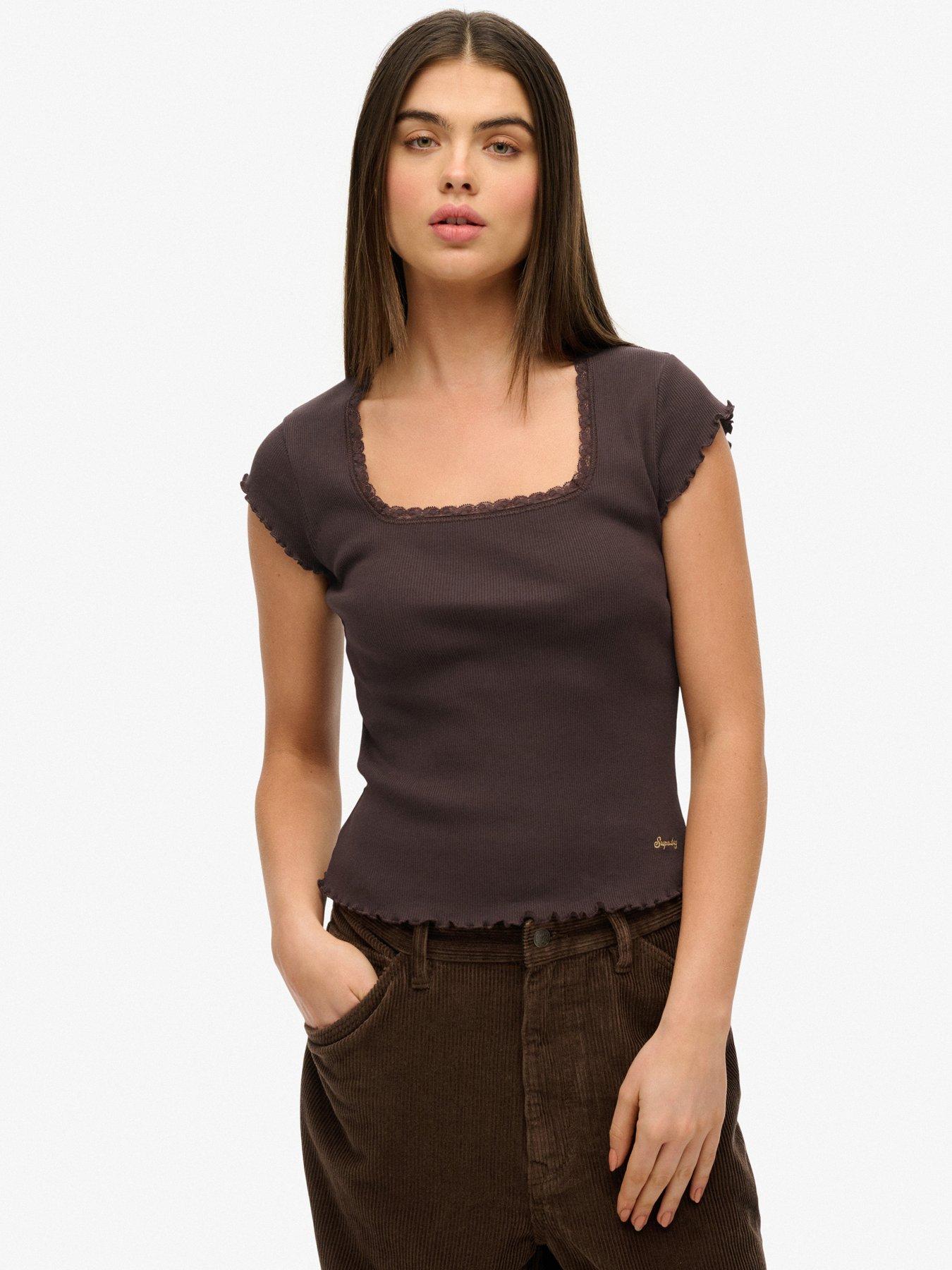 undefined Essential Square Neck Short Sleeve T-Shirt- Brown
