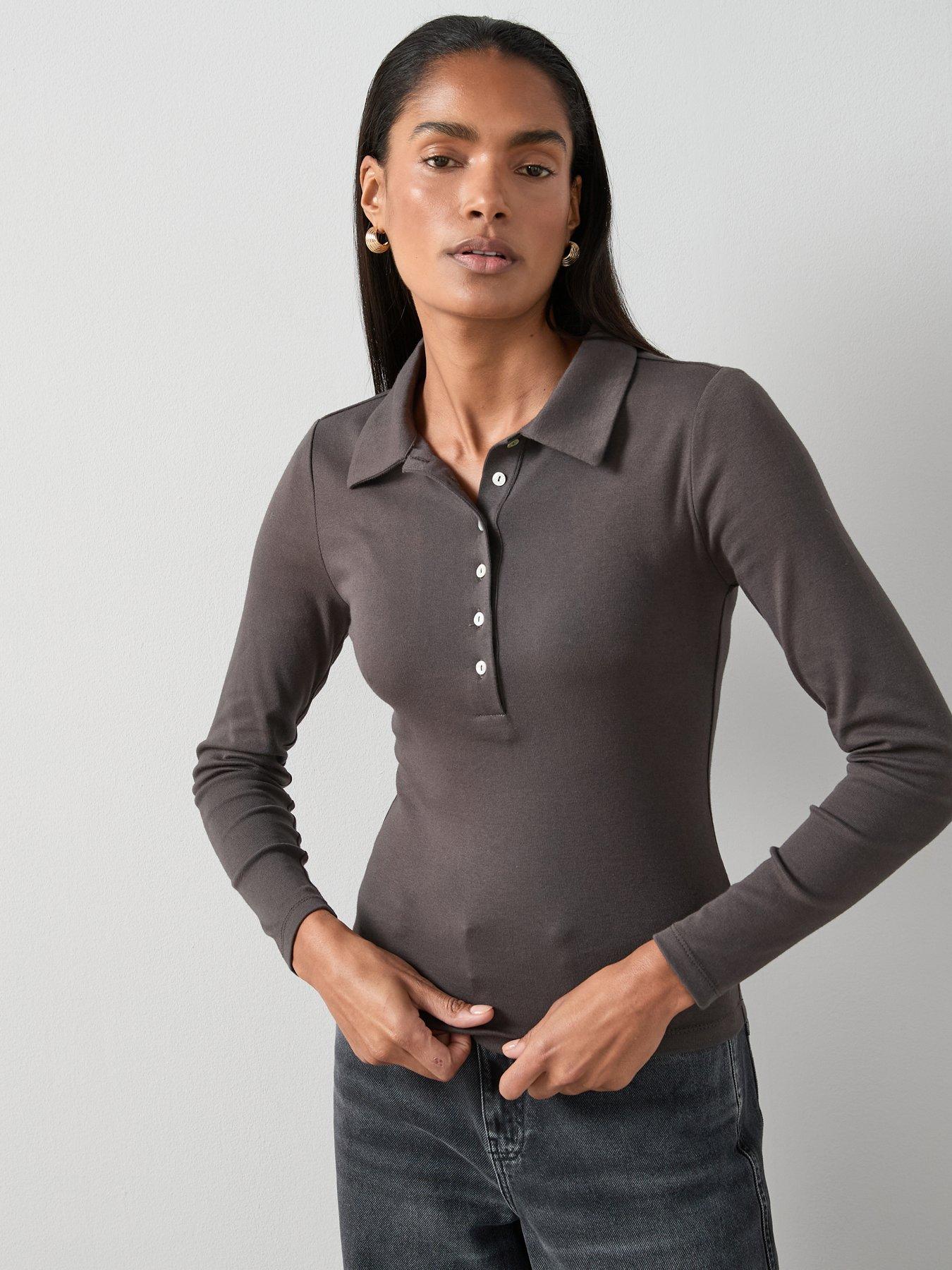 The Very Collection Long Sleeve Button Collar Top - Grey