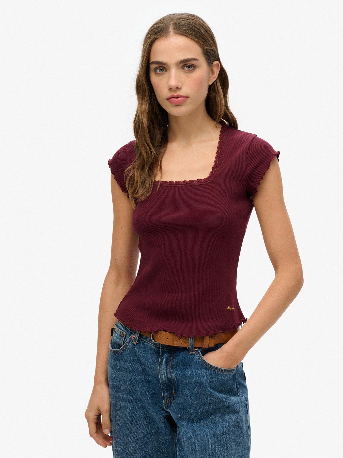 undefined Essential Square Neck Short Sleeve T-Shirt - Red
