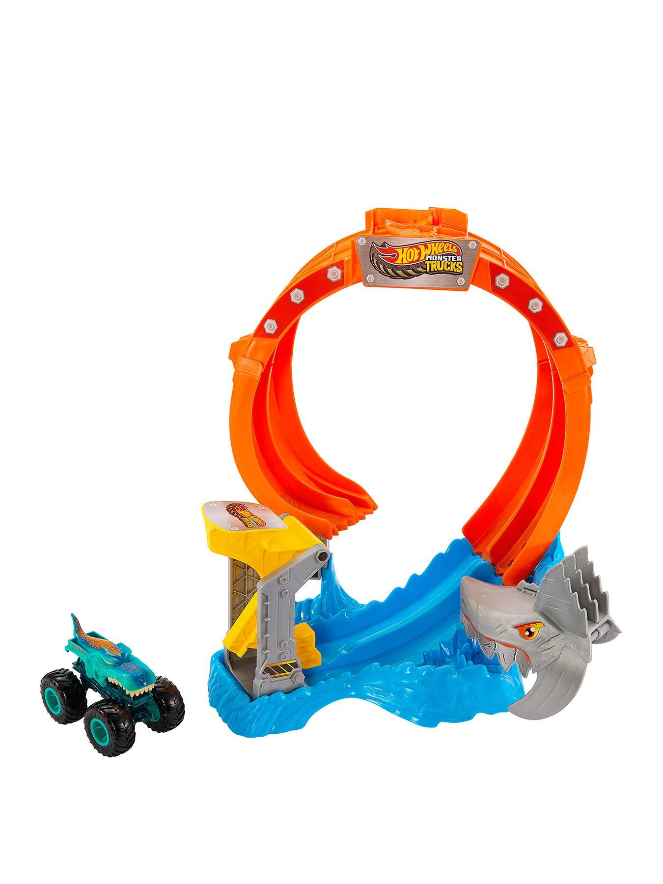 Image 1 of 7 of Hot Wheels Monster Trucks Corkscrew Shark Smash Track Set &amp; 1:64 Scale Mega-Wrex Toy Truck