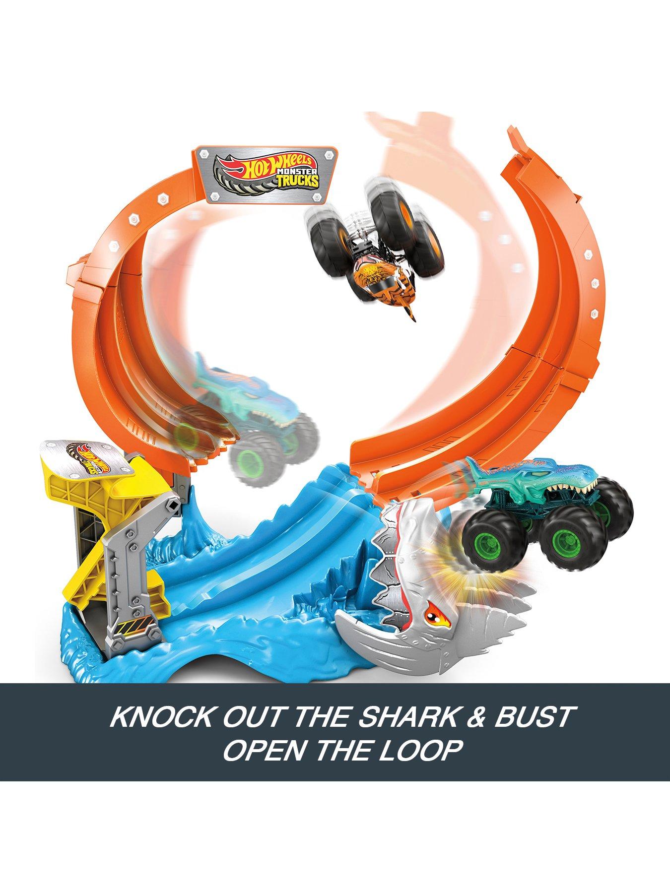 Image 2 of 7 of Hot Wheels Monster Trucks Corkscrew Shark Smash Track Set &amp; 1:64 Scale Mega-Wrex Toy Truck