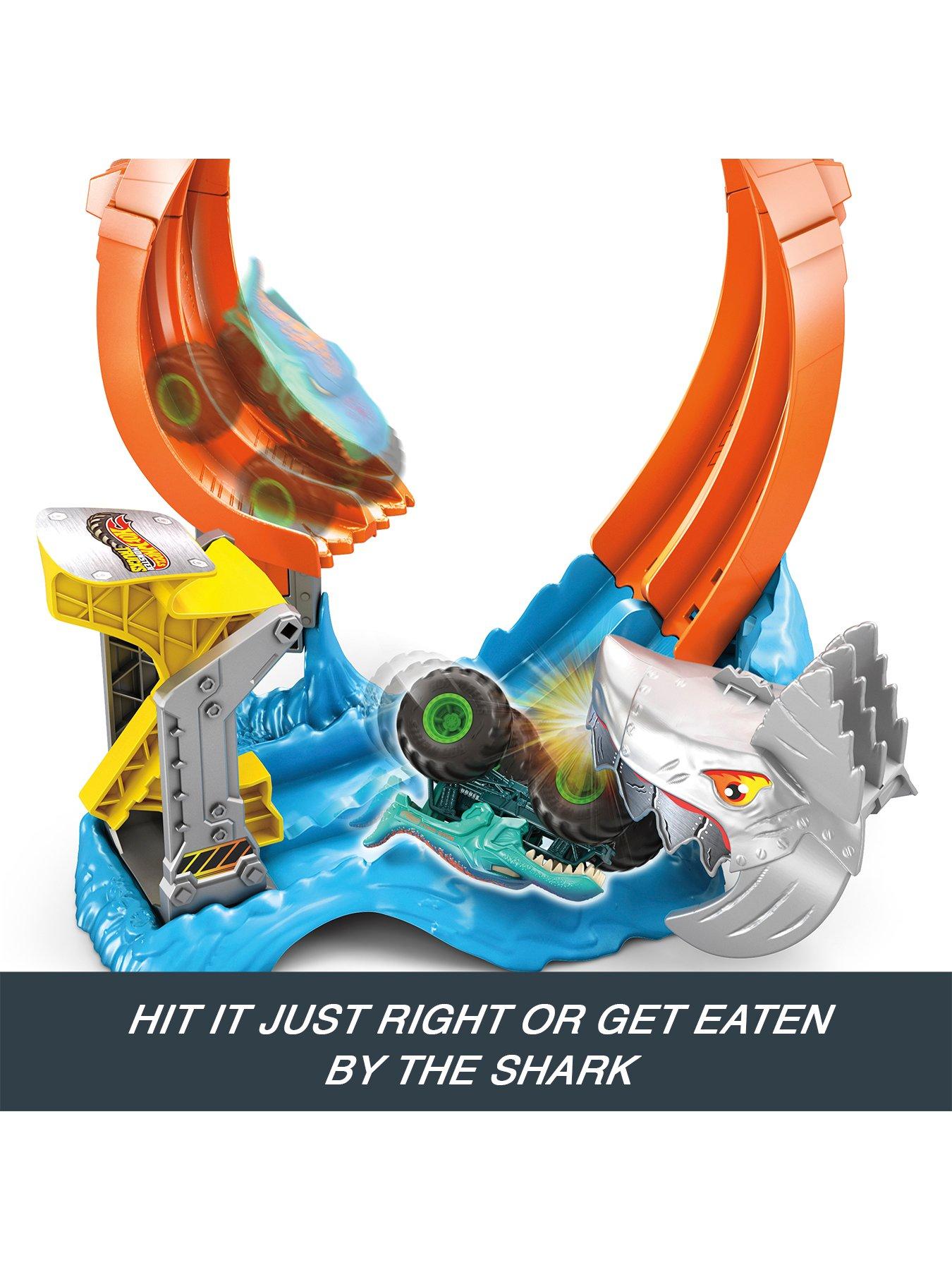 Image 3 of 7 of Hot Wheels Monster Trucks Corkscrew Shark Smash Track Set &amp; 1:64 Scale Mega-Wrex Toy Truck
