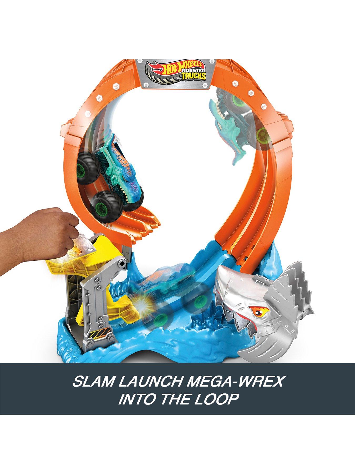 Image 4 of 7 of Hot Wheels Monster Trucks Corkscrew Shark Smash Track Set &amp; 1:64 Scale Mega-Wrex Toy Truck