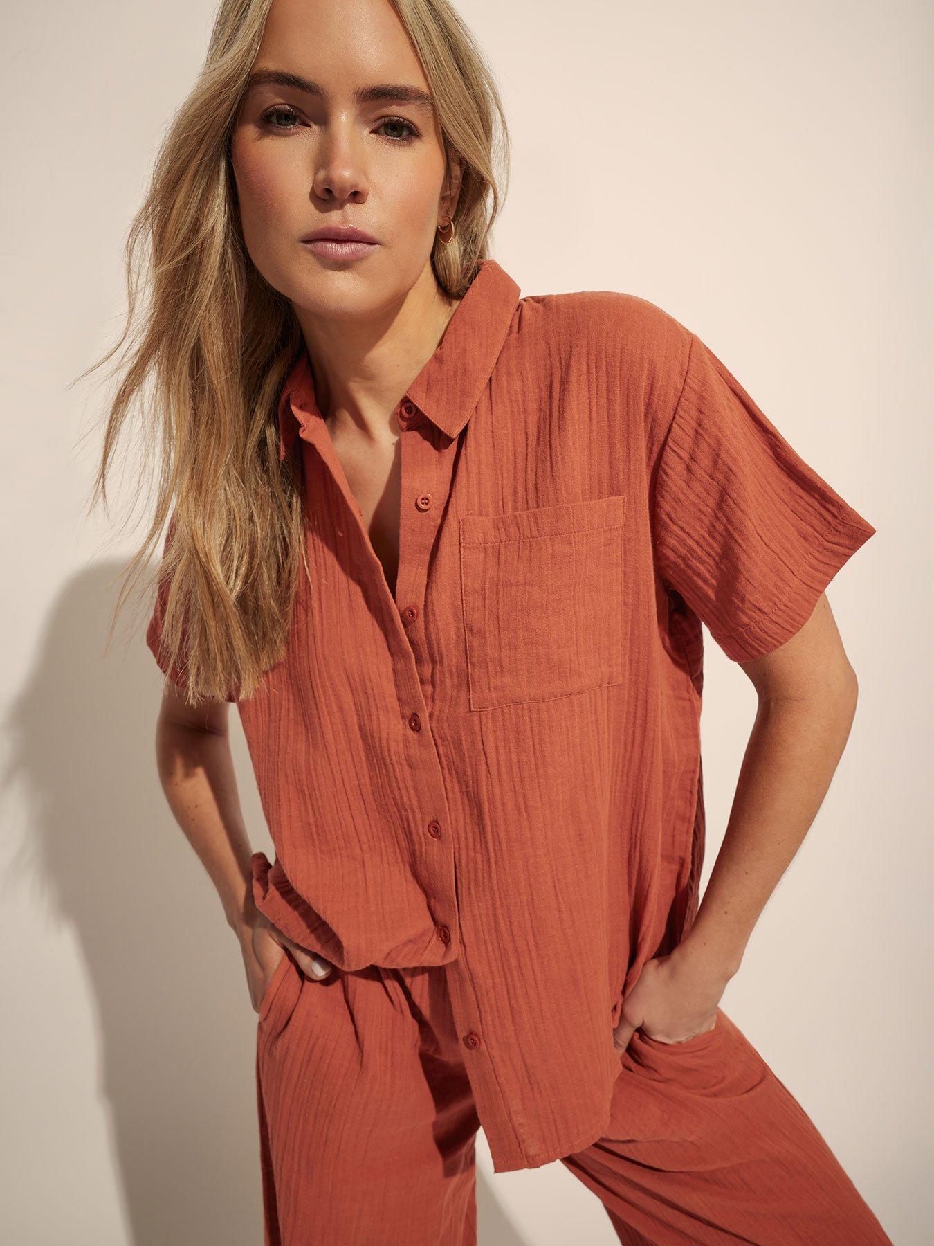 Image 1 of 4 of Long Tall Sally Tall Cheesecloth Short Sleeve Shirt - Orange