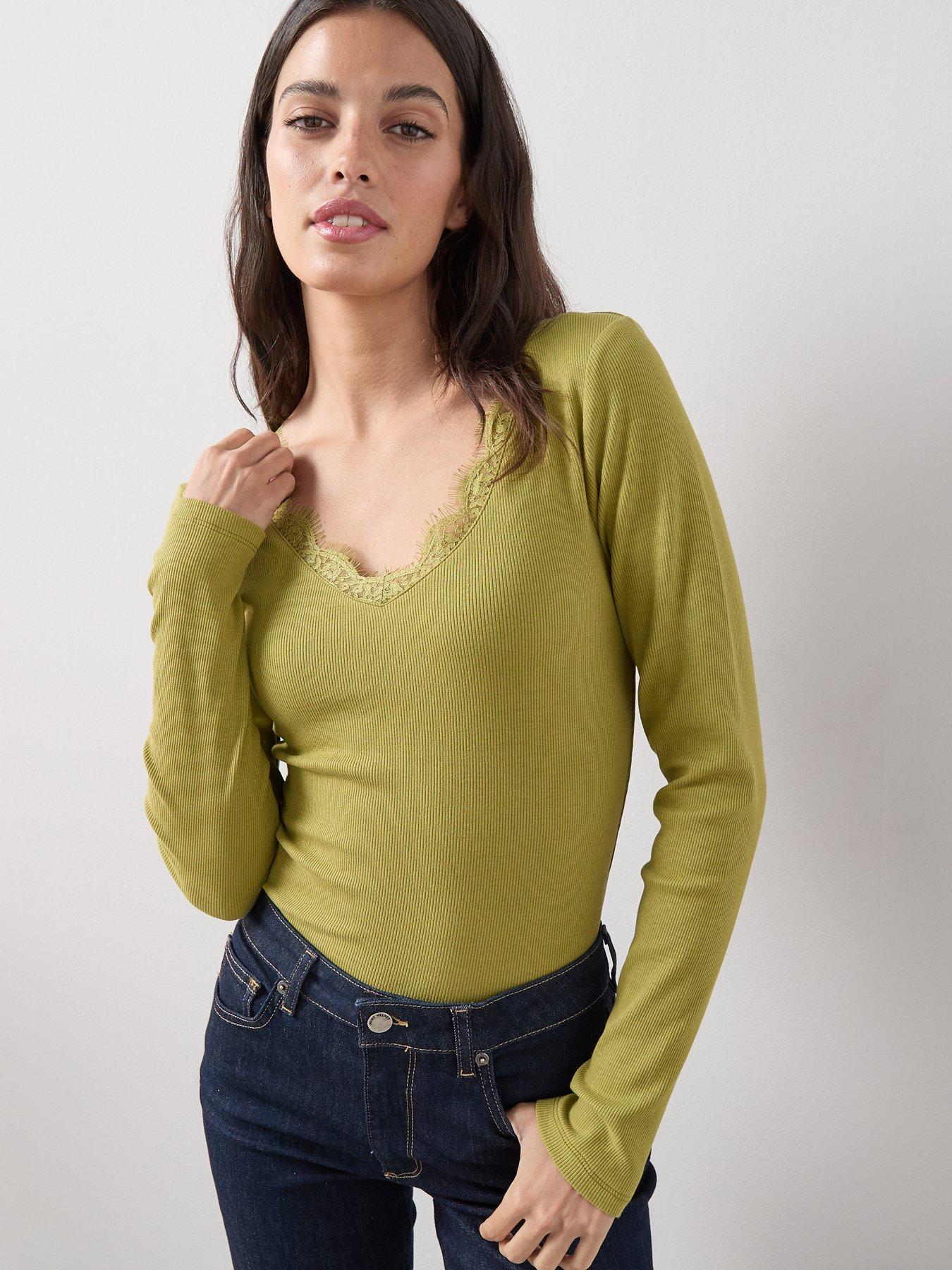 The Very Collection Lace Trim Long Sleeve Rib Top - Green | Very