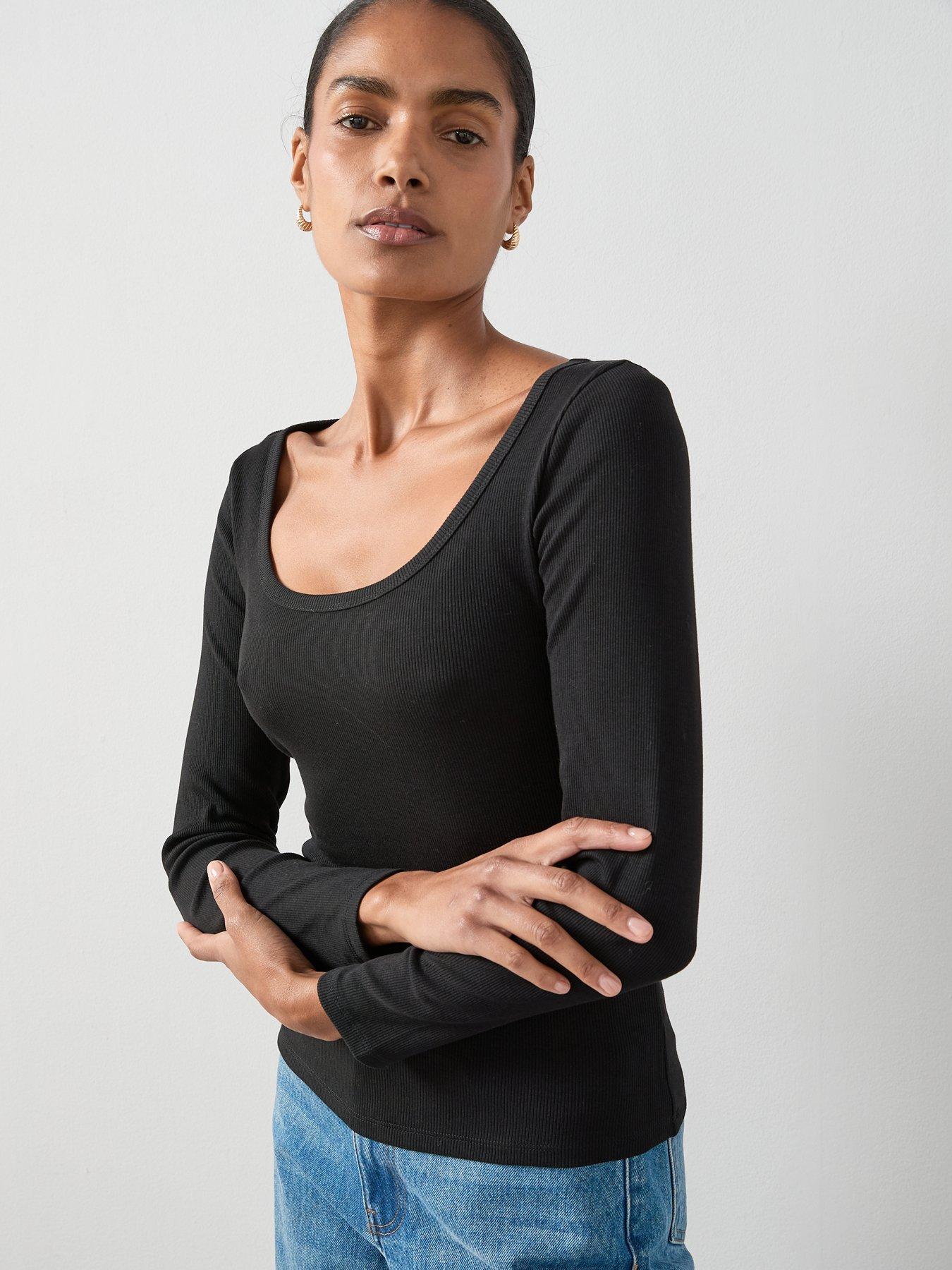 Women's Casual Long Sleeve Scoop Neck T-Shirt - Fitted Ribbed Top, 90% Viscose, Stretchy & Soft, Pull-On Style