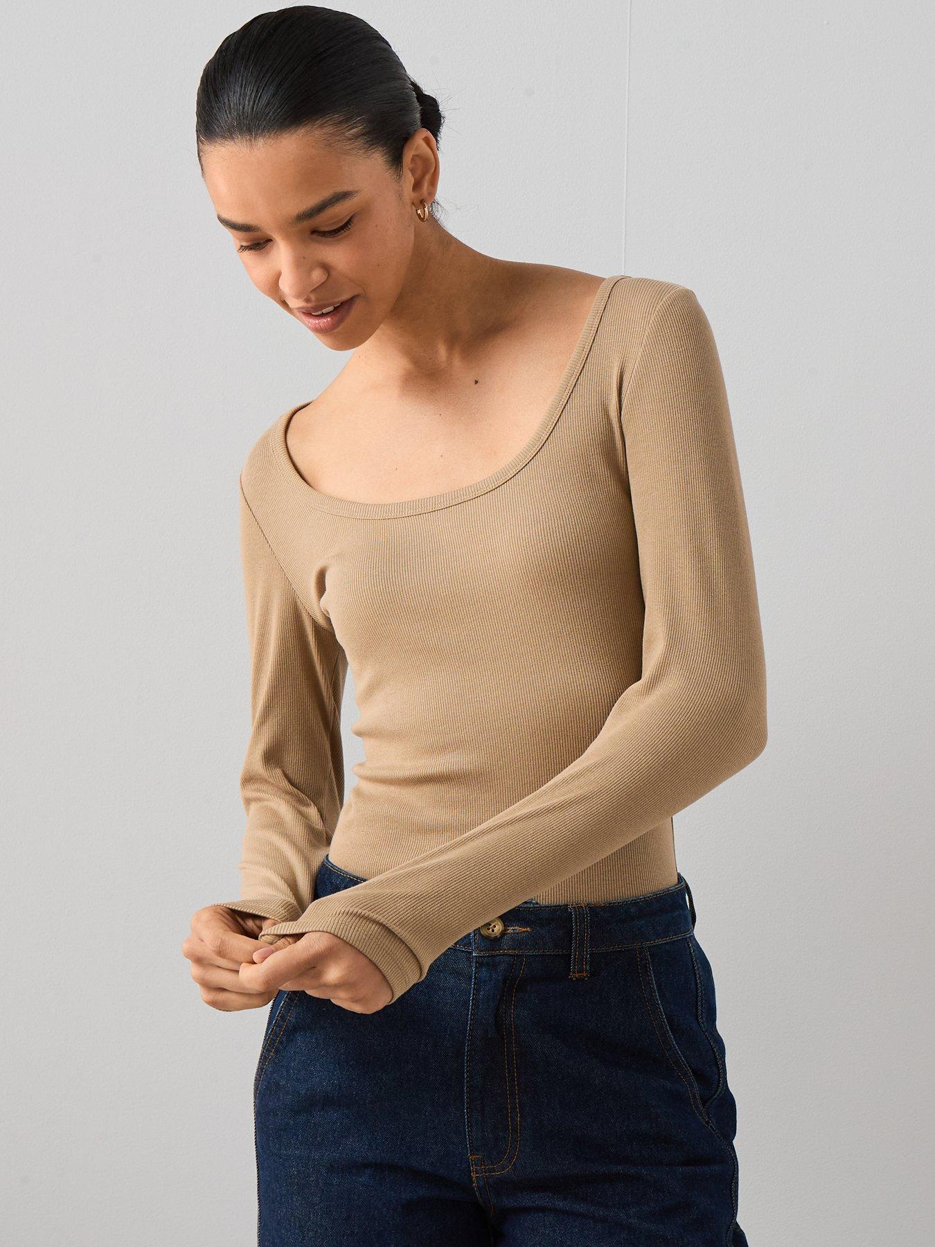 The Very Collection Rib Scoop Neck Long Sleeve Top - Taupe