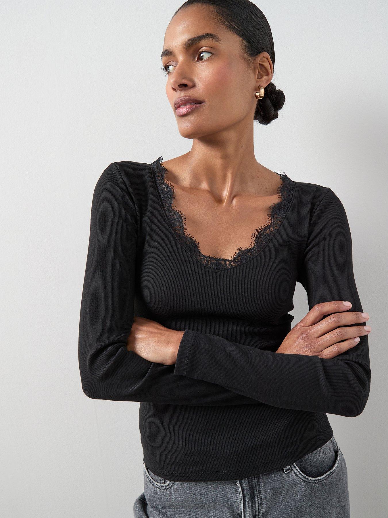 The Very Collection Lace Trim Long Sleeve Rib Top
