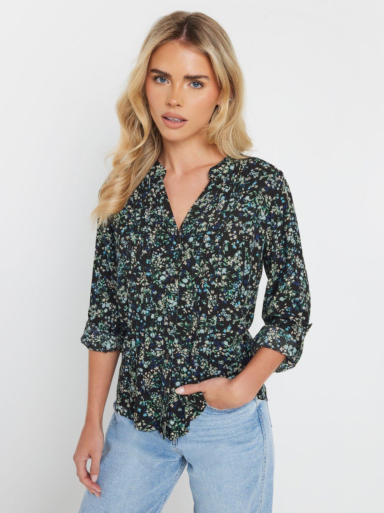 undefined Petite Pintuck Long Sleeve Print Top