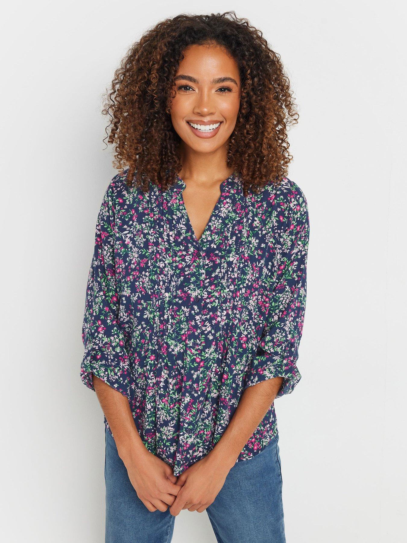 undefined Pintuck Long Sleeve Print Top