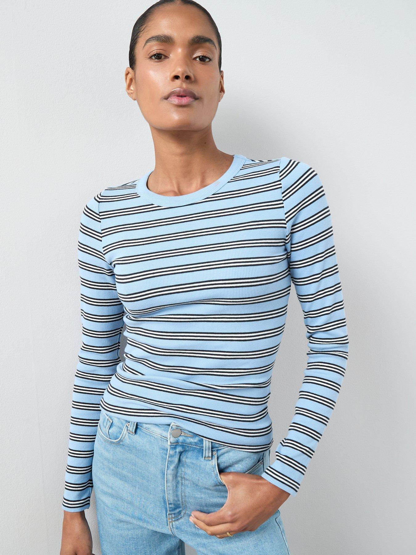 Image 1 of 6 of The Very Collection Crew Stripe Long Sleeve Top - Blue
