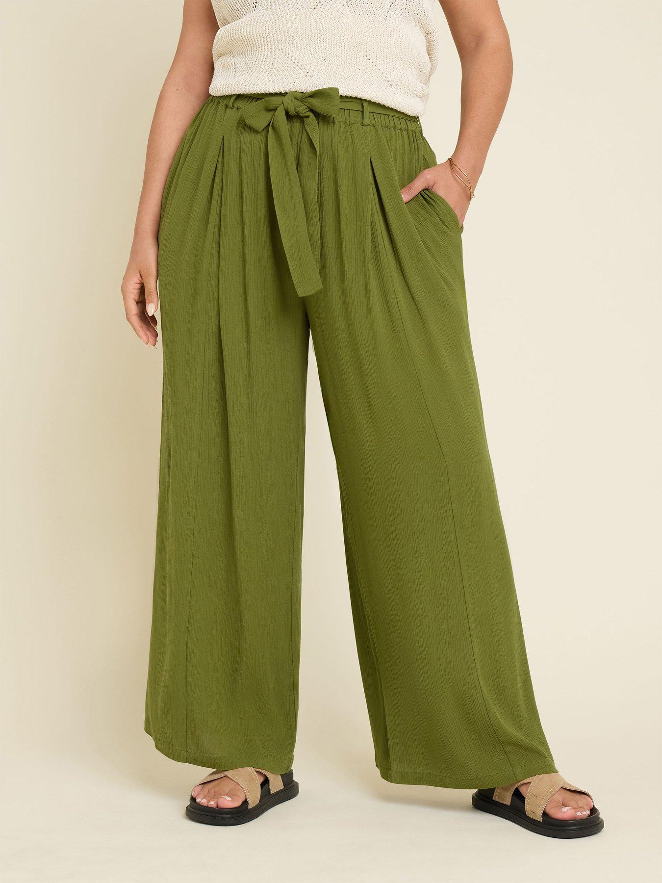 undefined Curve Crinkle Tie Waist Wide Leg Trouser - Green