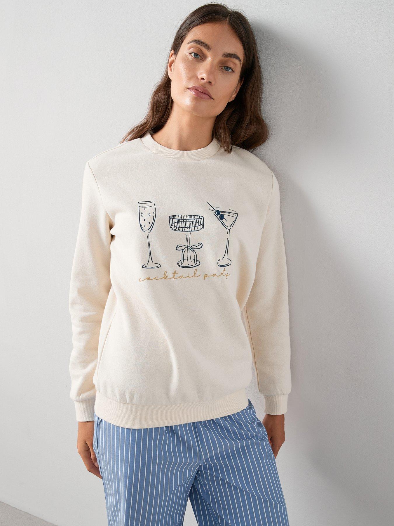 Image 1 of 6 of The Very Collection Slogan Sweat And Woven Stripe Bottom Pj Set - Blue