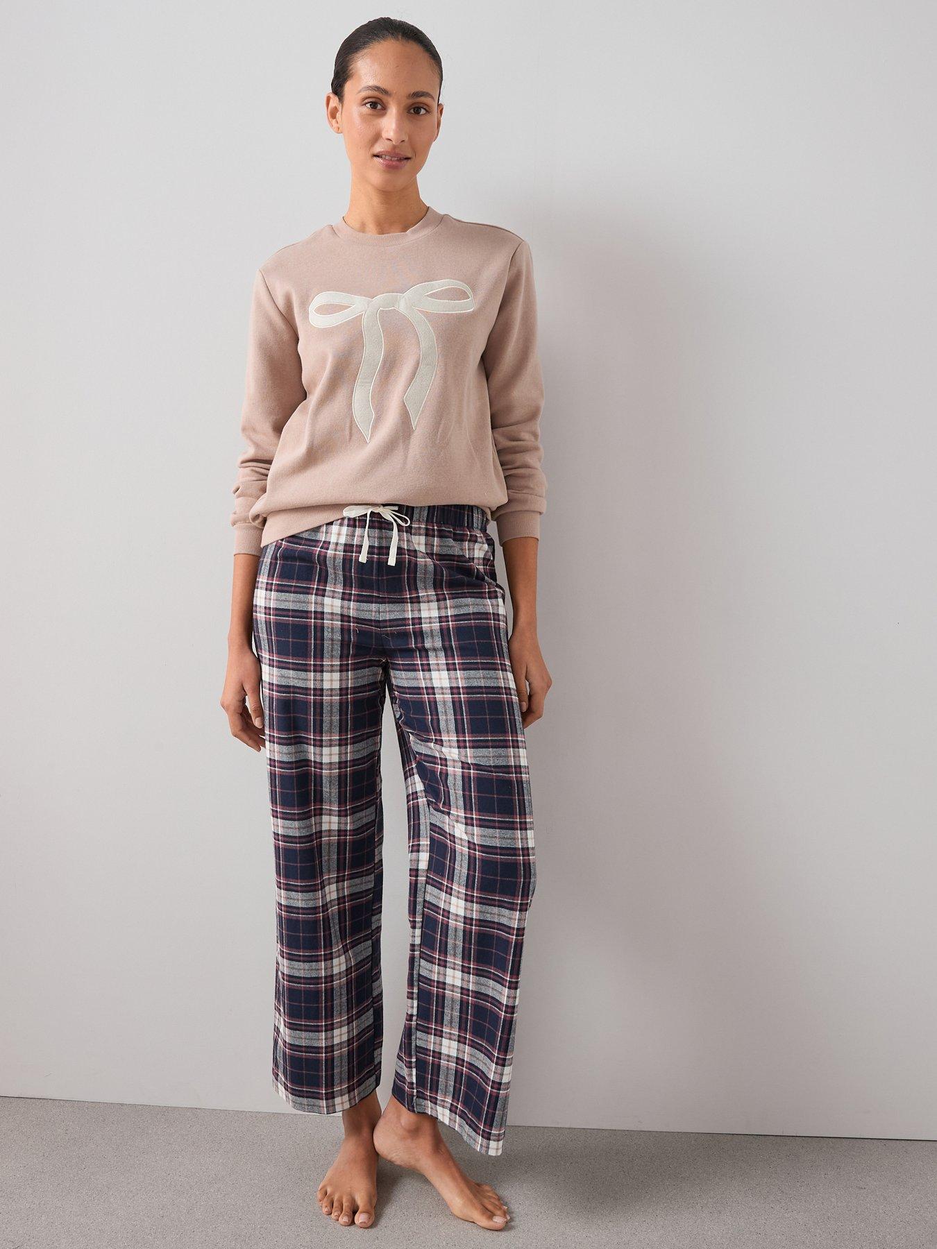 The Very Collection Bow Print Sweat And Woven Check Bottom Pyjama Set - Multi