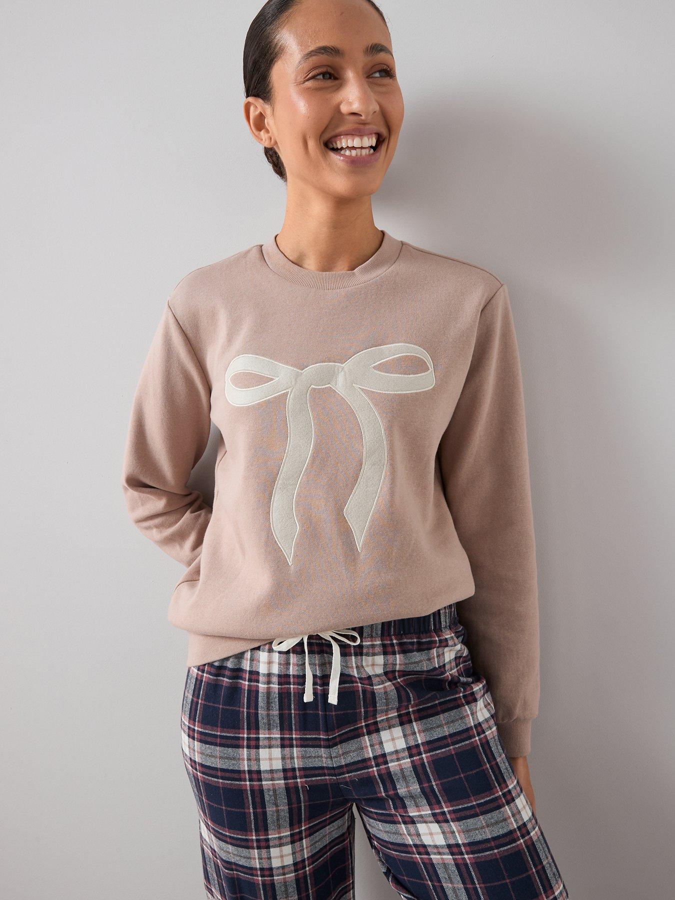 The Very Collection Bow Print Sweat And Woven Check Bottom Pyjama Set ...