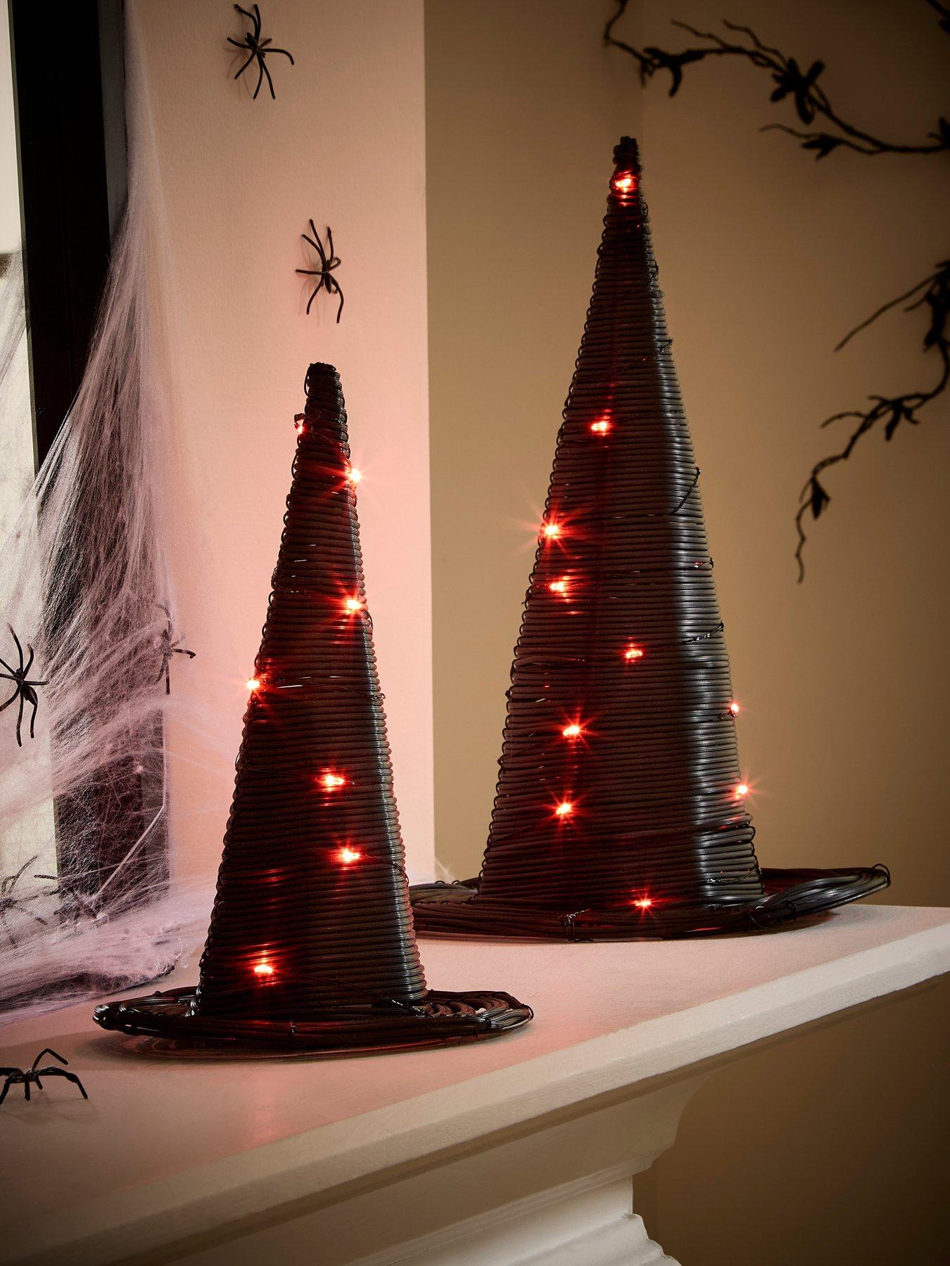 Very Home Set of 2 Rattan Witch Hats with Orange LEDs Halloween Decorations