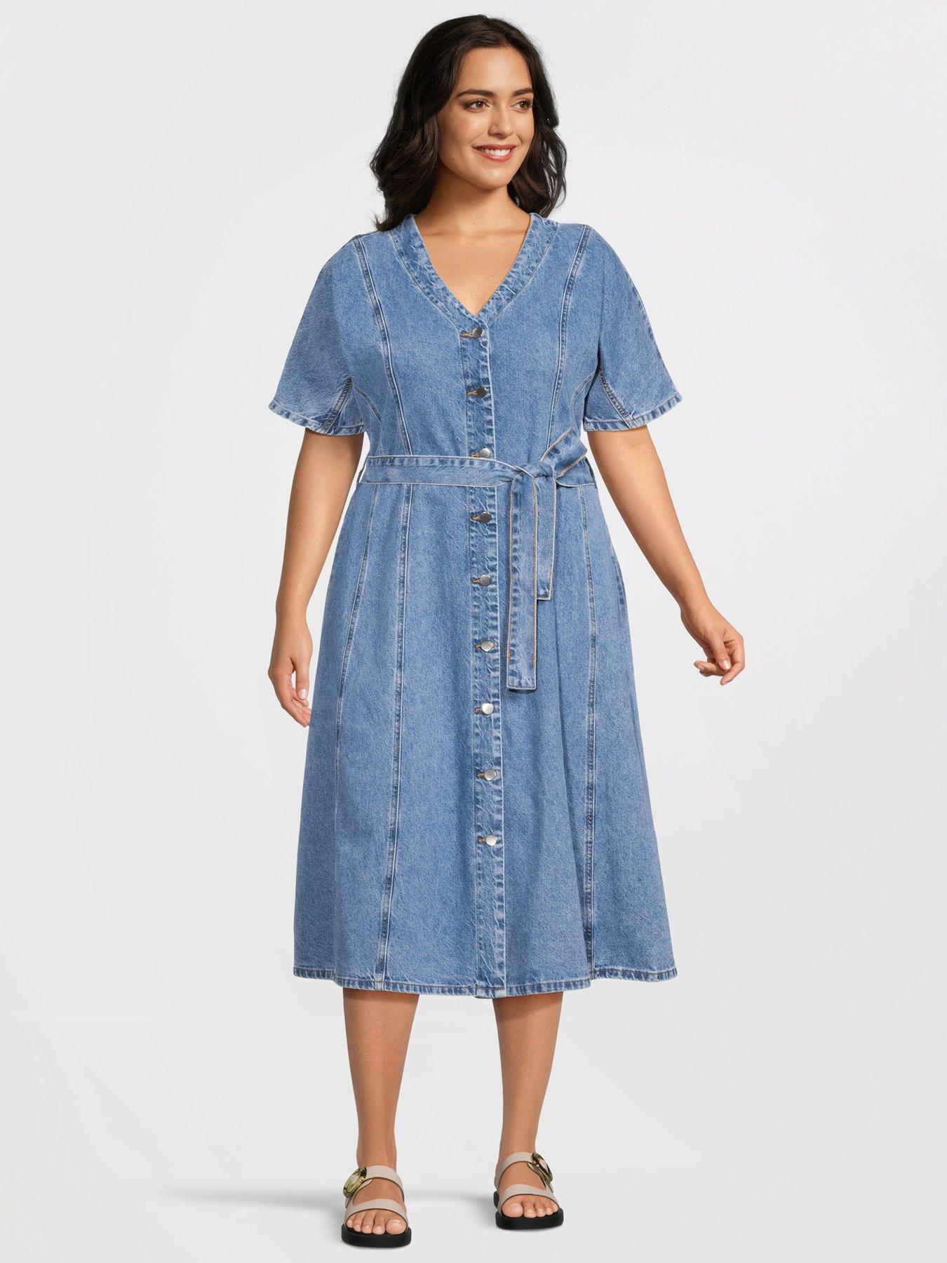 undefined Fit  &  Flare Denim Midi Dress - Blue
