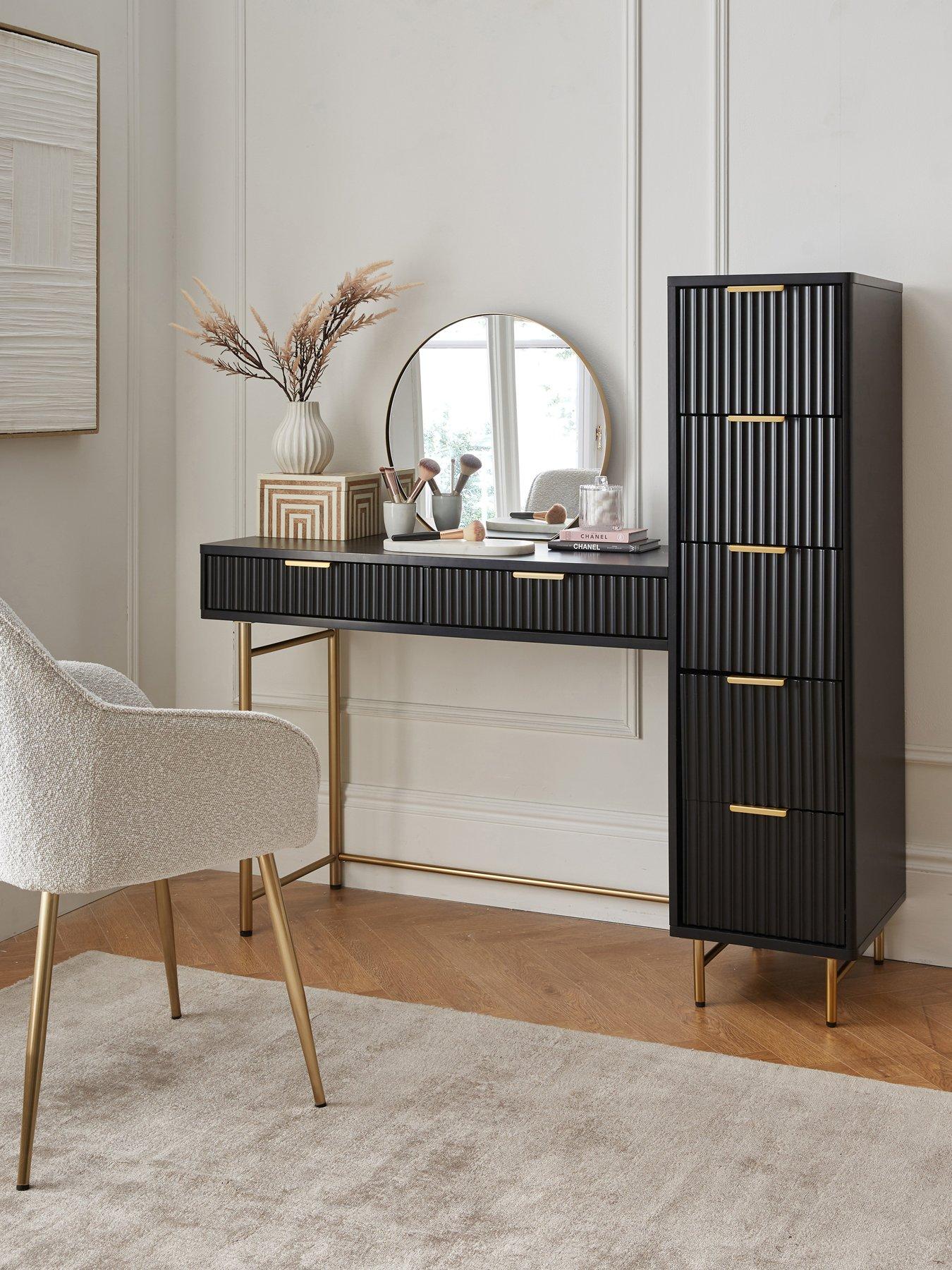 undefined Cora Dressing Table, Mirror and Side Drawers Set - Black/Brass